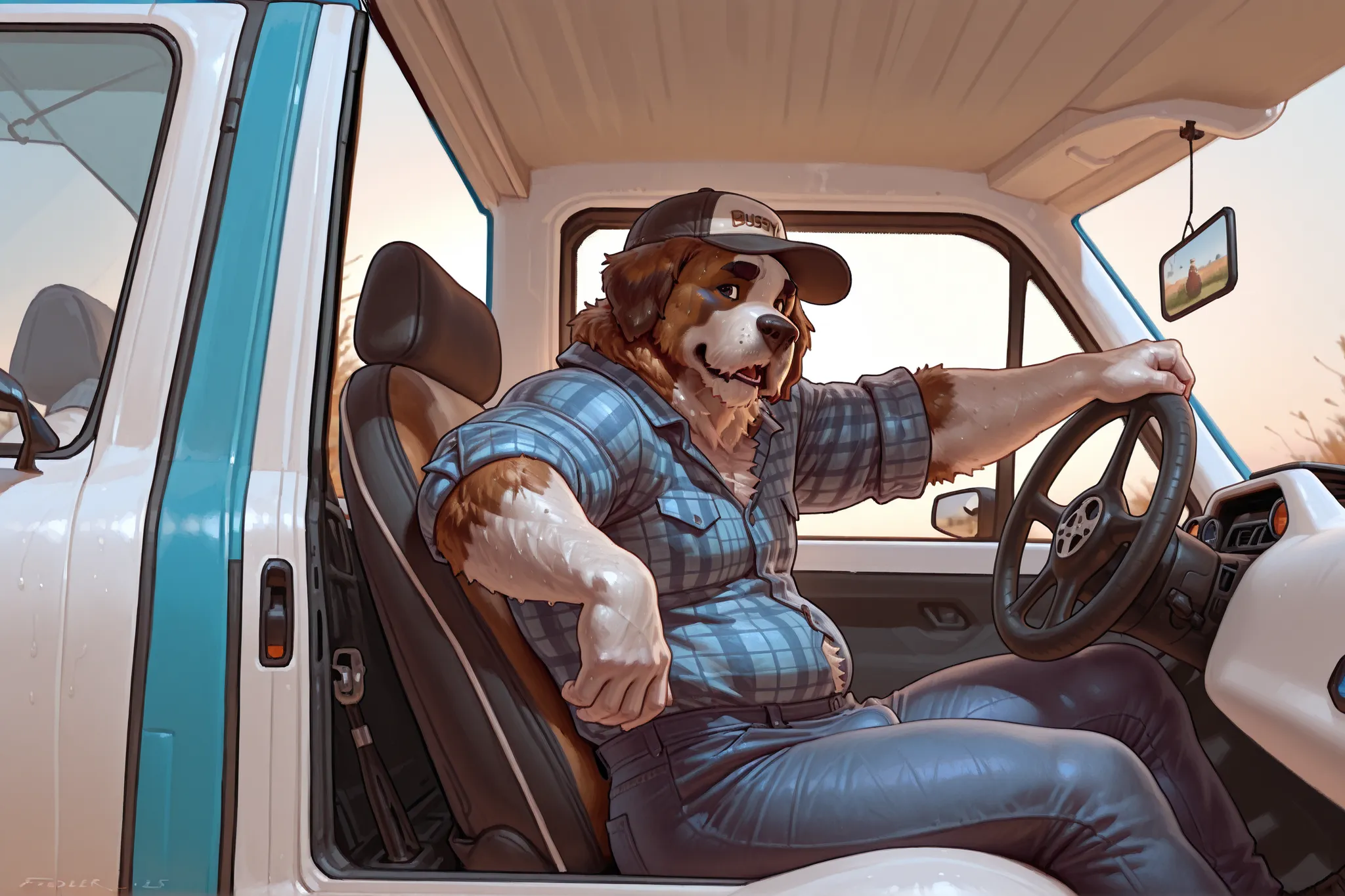 Taran Fiddler , ((A sweet old anthro Saint Bernard dog sits in his pickup truck.)) 3/4 view , solo , Saint Bernard dog , canine , male , older male , mature male , elderly male , wrinkles , jowls , bushy eyebrows , hairy , overweight , sweating , panting ,...