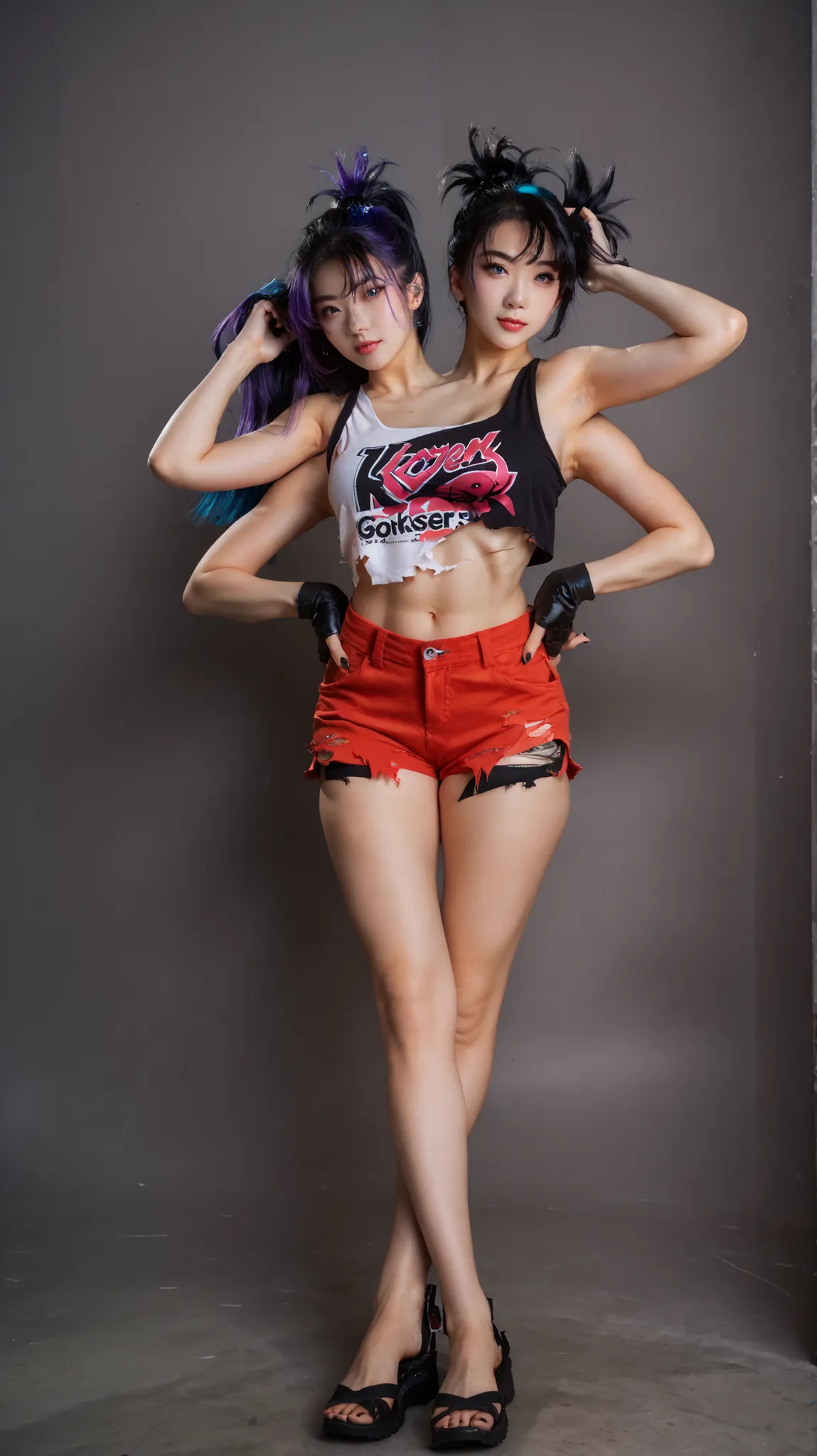 best resolution,anime woman with two heads, blue eyes, different hair colors, purple hair, black hair, different hairstyles, different hair-lengths, short hair, long hair, spiky hair, straight hair, hair down, tanktop, one shoulder bare, torn split color...