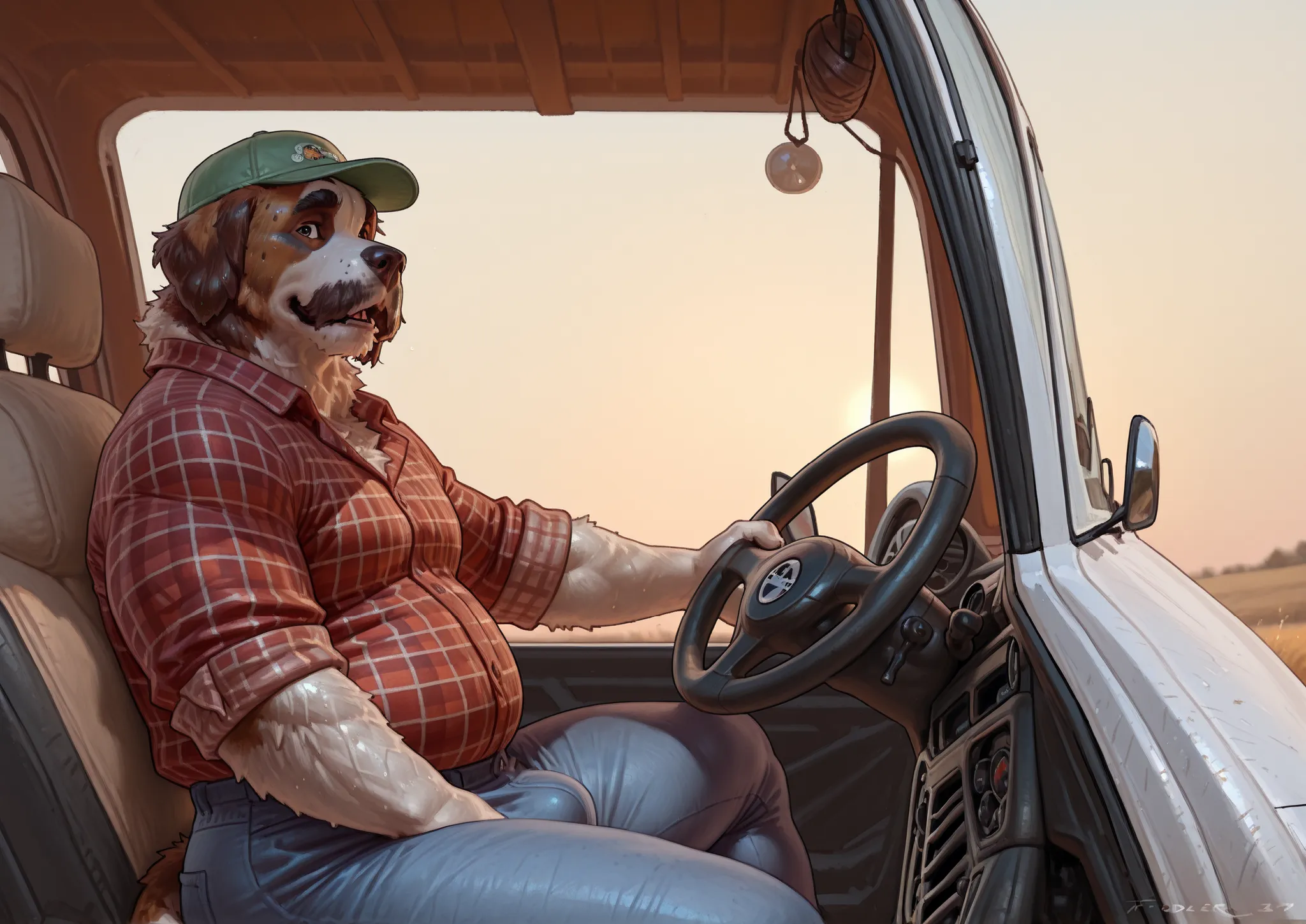 Taran Fiddler , ((A sweet old anthro Saint Bernard dog sits in his pickup truck.)) 3/4 view , solo , Saint Bernard dog , canine , male , older male , mature male , elderly male , wrinkles , jowls , bushy eyebrows , hairy , overweight , sweating , panting ,...
