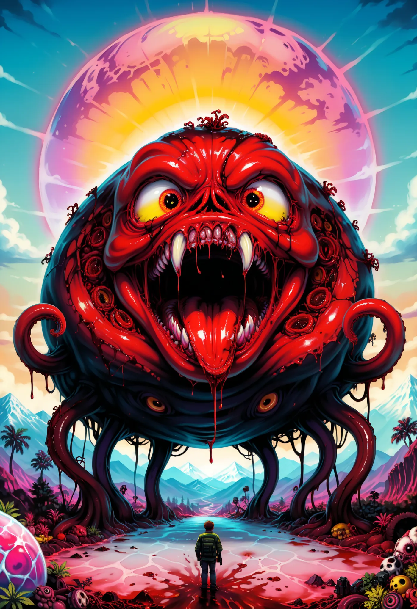((master psychedelic laughing monster 2D)), hyper beast, colorfull, High detailed, Saturated colors, tentacles, zombies, blood, dark, carnage, guns, Color magic, vaporwave style, ((Poster)) surrealism, print csgo, hyper beast, hyper monster, a monster insi...