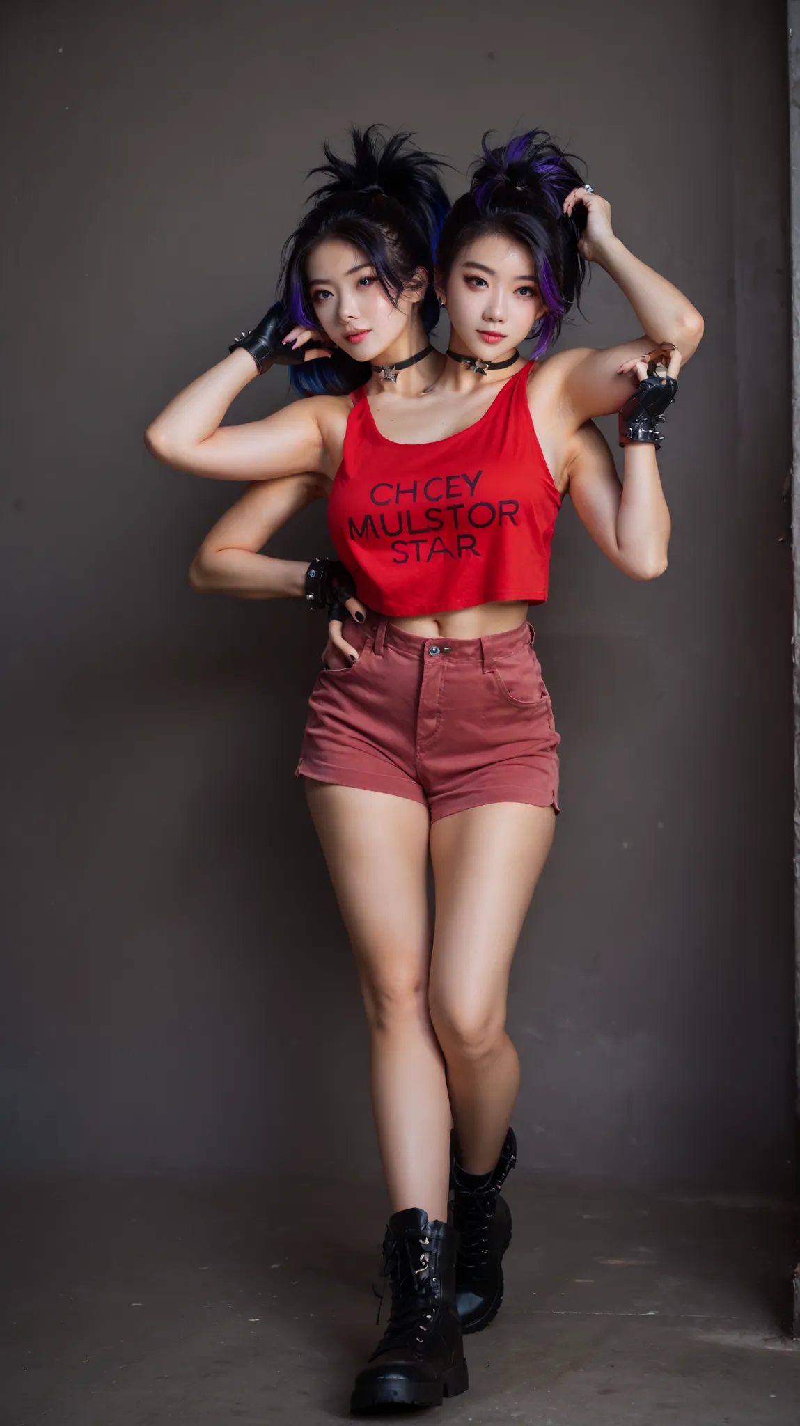 best resolution,anime woman with two heads, blue eyes, different hair colors, purple hair, black hair, different hairstyles, different hair-lengths, short hair, long hair, spiky hair, straight hair, hair down, tanktop, one shoulder bare, boyshorts, glove...