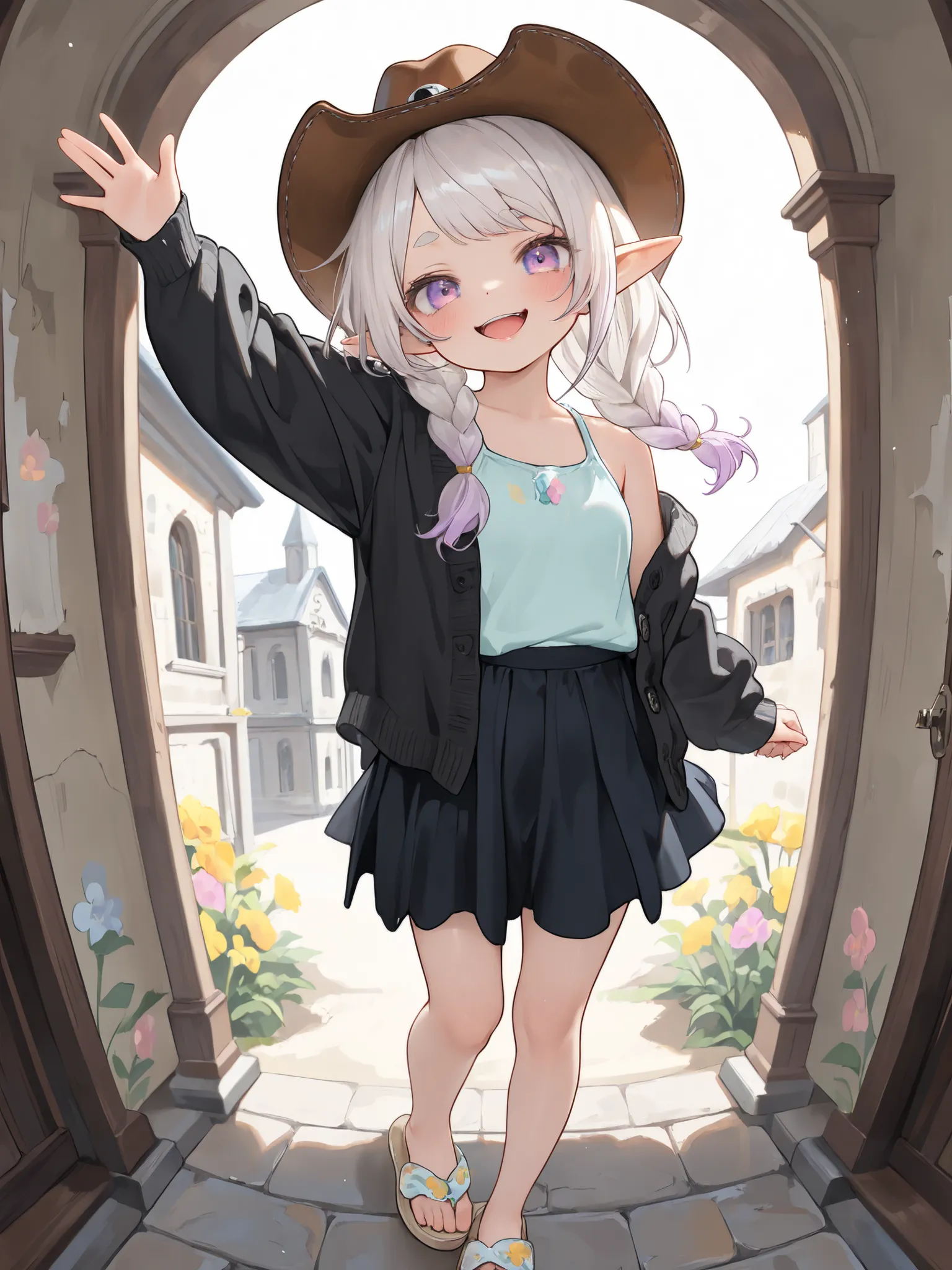 ((Masterpiece)), ((best quality, very aesthetic, absurdres, newest)), (fisheye), (8K), (cinematic lighting), ((1girl)), (cute young girl), (Healthy body, Textured skin, small breast, tilt head), elf ears, Glossy unruly hair, (platinum-gold hair, gradient h...
