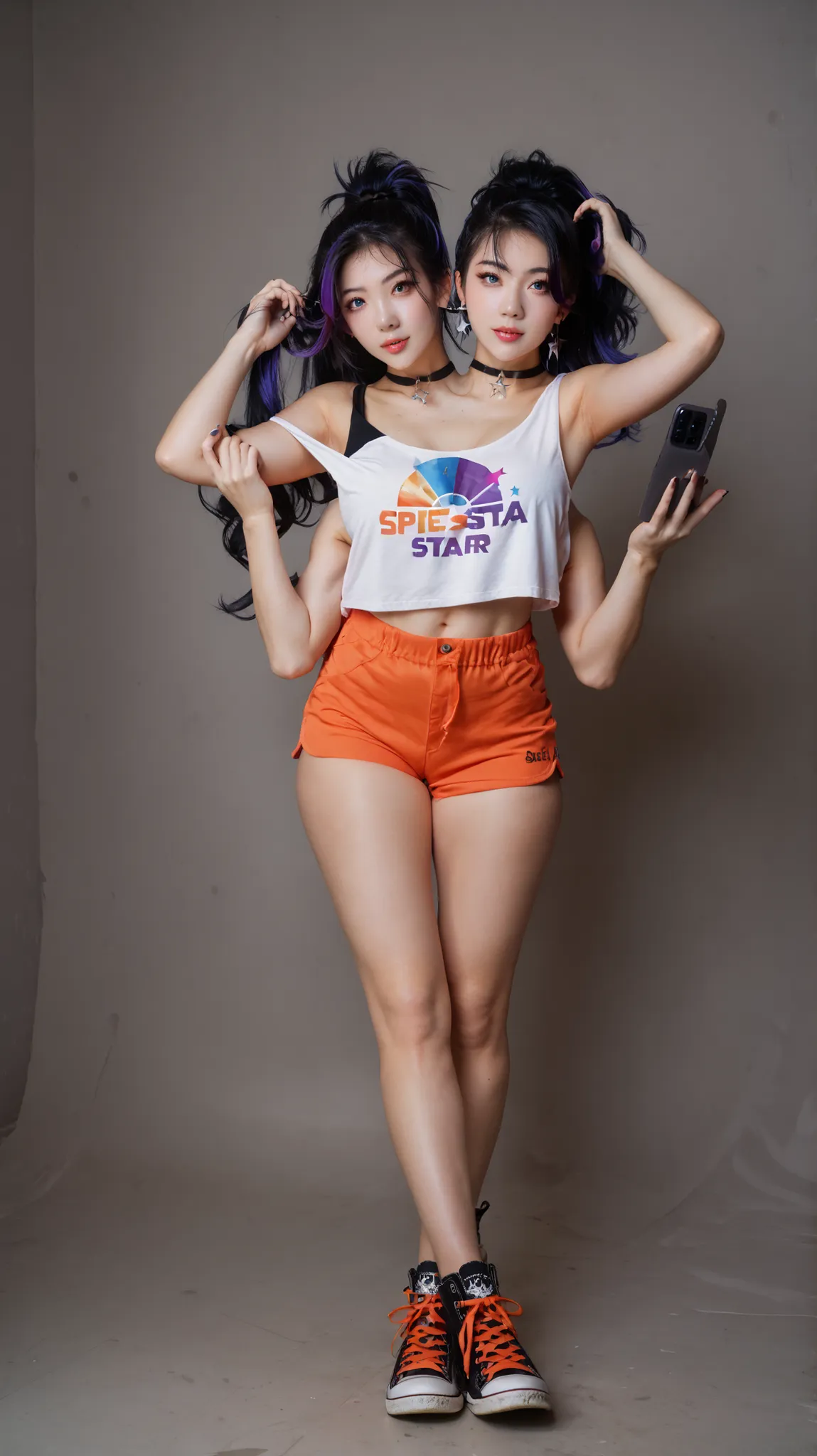 best resolution,anime woman with two heads, blue eyes, different hair colors, purple hair, black hair, different hairstyles, different hair-lengths, short hair, long hair, spiky hair, straight hair, hair down, tanktop, one shoulder bare, yoga shorts, gl...