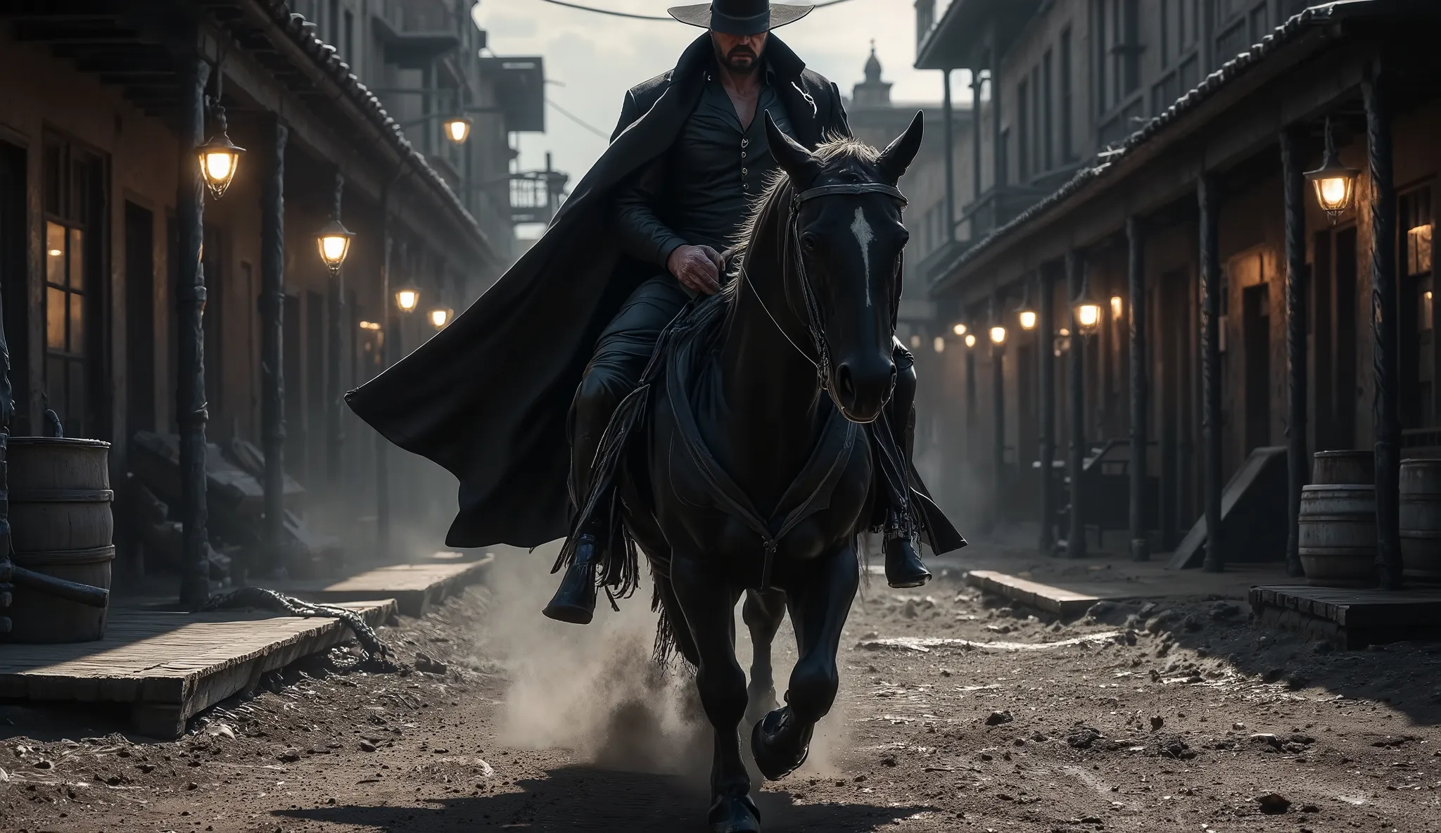 A hyperrealistic, cinematic low-angle shot in 9:16 aspect ratio of a gunslinger riding a powerful black horse through the muddy, shadowy streets of Redstone. The gunslinger's dark leather overcoat flutters slightly as he rides, and his wide-brimmed hat cas...
