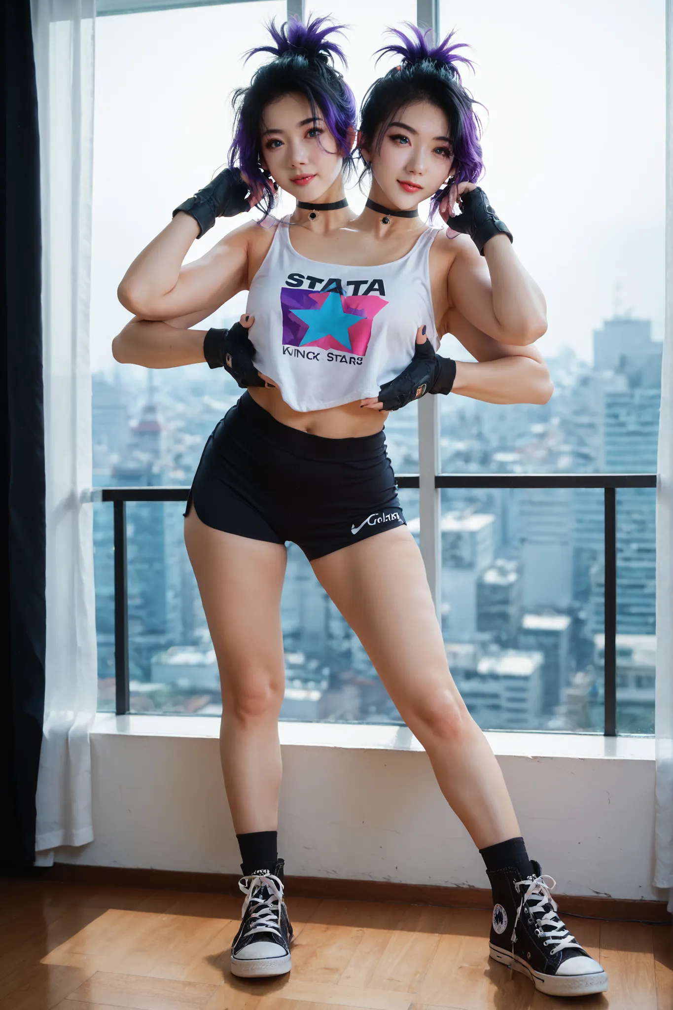 best resolution,full body, anime woman with two heads, blue eyes, different hair colors, purple hair, black hair, different hairstyles, different hair-lengths, short hair, long hair, spiky hair, straight hair, hair down, tanktop, one shoulder bare, yoga...