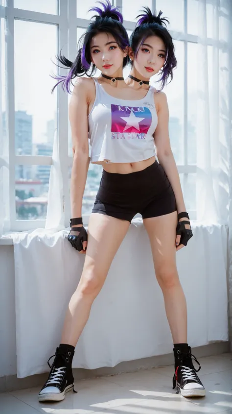 best resolution,full body, anime woman with two heads, blue eyes, different hair colors, purple hair, black hair, different hairstyles, different hair-lengths, short hair, long hair, spiky hair, straight hair, hair down, tanktop, one shoulder bare, yoga...