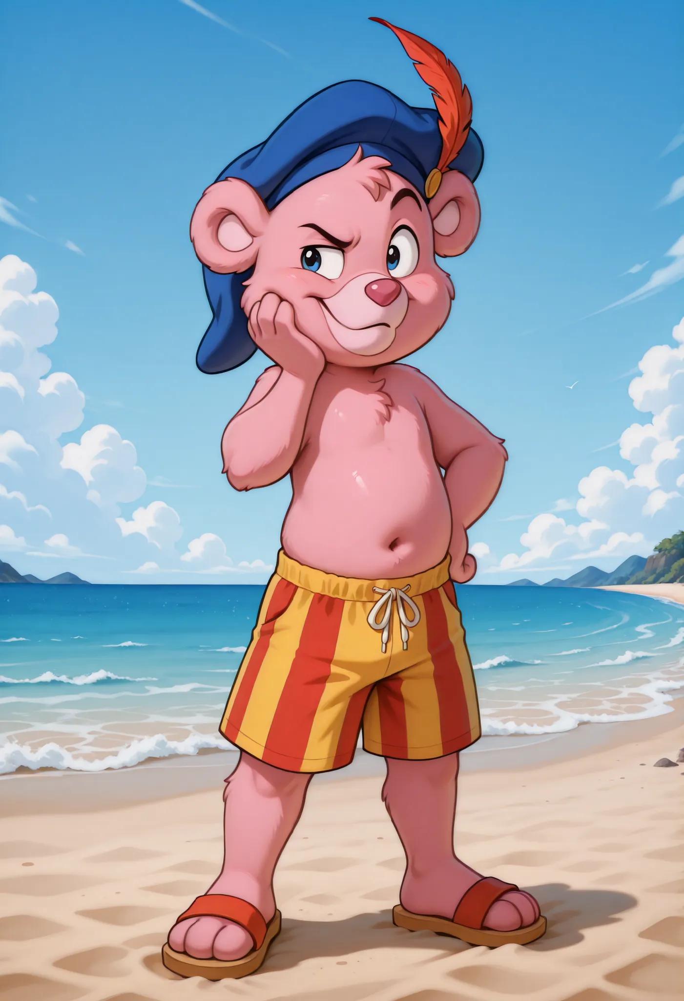 score_9, score_8_up, score_7_up, (masterpiece, best quality, very aesthetic, absurdres, source furry, artist:sakura, shaded, cubbigummixl, amazing quality, absurd res, newest, masterpiece, anthro, solo, pink bear, blue hat with feather, striped swim trunks...