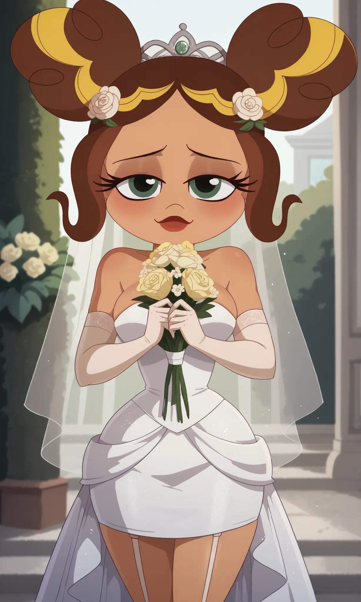 original_style, mix original style and chibi, Detailed, masterpiece, style_2d_original, smile, 1 girl, breasts, jewelry, solo, earrings, wedding dress, bouquet of flowers, makeup, cleavage, medium breasts, dress, strapless, strapless dress, blush, blushing...