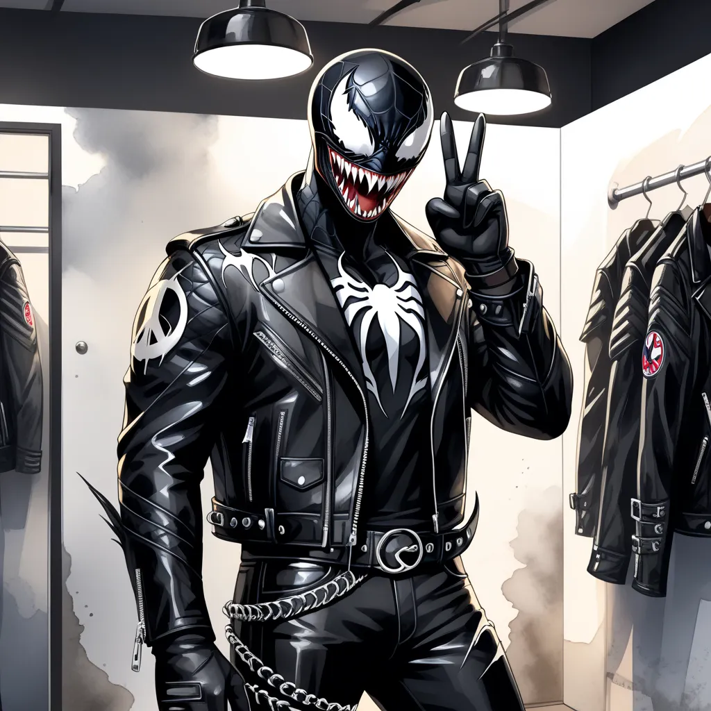 Closeup, comic book art style, Watercolor, Venom wearing an insanely cool black leather biker jacket, black leather biker gloves, black leather biker pants, giving it a cool, edgy appearance, dimly lit backstage dressing room, peace sign, top quality, high quality, masterpiece. Ensure the lighting highlights the reflective surfaces of the leather jacket, creating a sleek, polished finish.