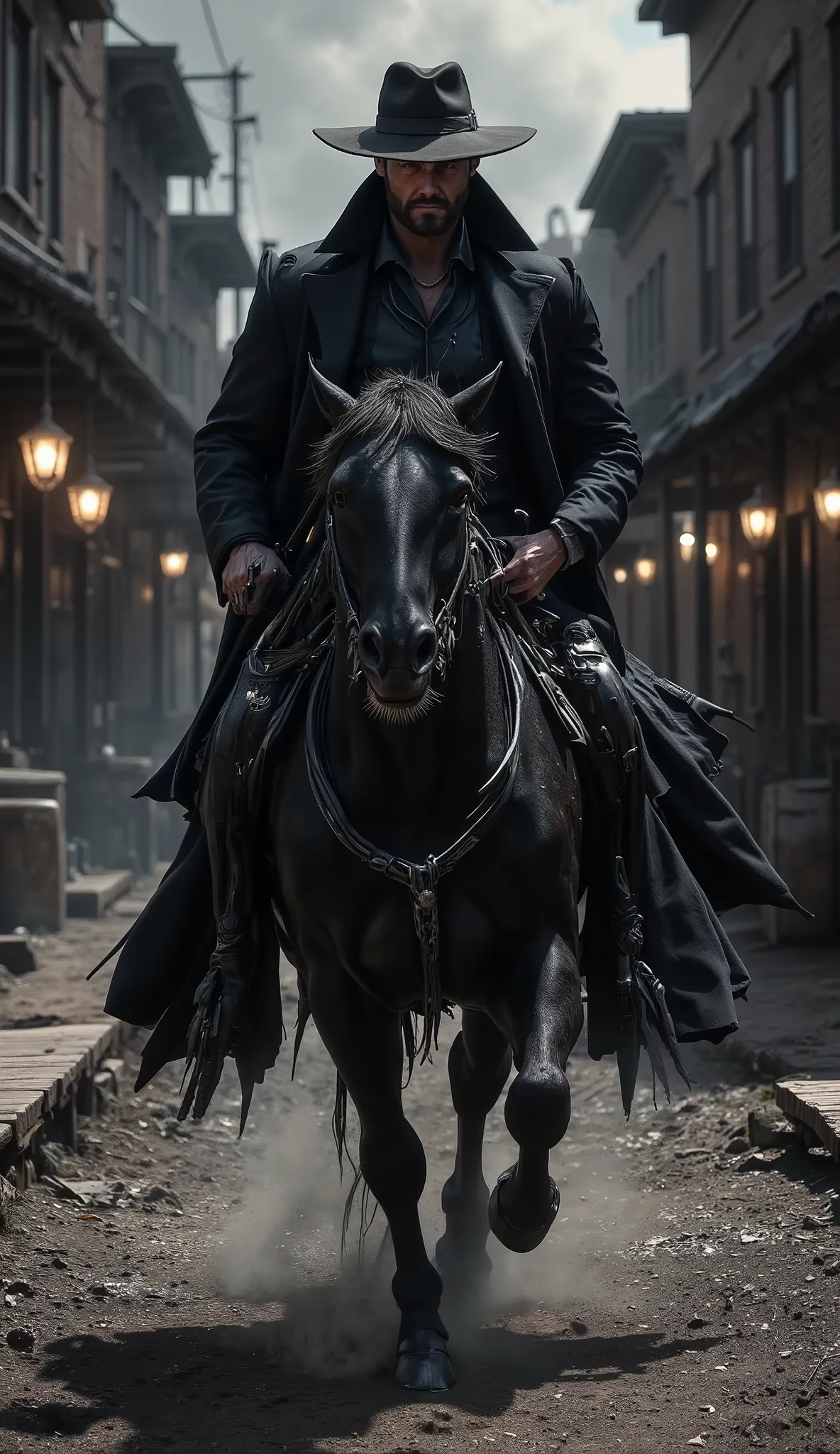A hyperrealistic, cinematic low-angle shot in 9:16 aspect ratio of a gunslinger riding a powerful black horse through the muddy, shadowy streets of Redstone. The gunslinger's dark leather overcoat flutters slightly as he rides, and his wide-brimmed hat cas...