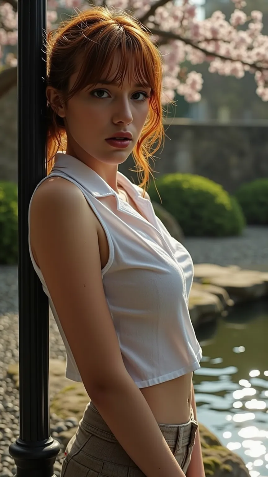 🌟: High-Fashion photography (8K Cinematic Shot)
Long side shot, Full-body shot from a moderate distance, kopf bis fuß, Fashion editorial head-to-toe shot, Full-figure photo
"Haruhi Suzumiya Nord Oberschule" - Dezente Karo-Sommeruniform
Diese Uniform zeigt ein graues Karomuster auf weißem Grund und ist aus leichtem Stoff für den Sommer gefertigt. Der Schnitt umfasst eine weiße Bluse und einen Faltenrock. Eine dünne Krawatte oder ein Band kann optional getragen werden. Das Design ist unkompliziert und luftig und vermittelt eine neugierige und aktive Stimmung.
 💋"Looks like 'Bella' young, fresh, flirty – hourglass curves poured into silk, red hair, messy hair, smoldering smokey eyes, wild bedroom mane cascading over bare shoulders. Lips parted, daring you to stare." 
💃 Fashion editorial head-to-toe shot, dynamische posen, 
„Verlockende Beugung“ sinnliche Pose, canvas Pose, model lehnt mit verschränkten Armen an einer Laterne, die brüste werden angehoben – der Blick geht direkt in die Kamera, während das Dekolleté betont wird. perfect brest, big , perfact ass 
☯️ "Stein & Stille"
Ein perfekt arrangierter Kare-san-sui (Zen-Garten) mit fein gerechten Linien im Kies, umgeben von moosbewachsenen Felsen – ein Ort der absoluten Harmonie.
🌿 Zen-Oase
"Ein stiller Teich, umgeben von moosbewachsenen Steinen und zart flatternden Kirschblütenzweigen."
🎥 :
    Hasselblad H6D + 50mm f/2.8
    8K motion blur at 1/250s
    Dual lighting: Cold moon fill + warm city uplight
    Color grade: Teal shadows, cyan midtones, gold highlights

