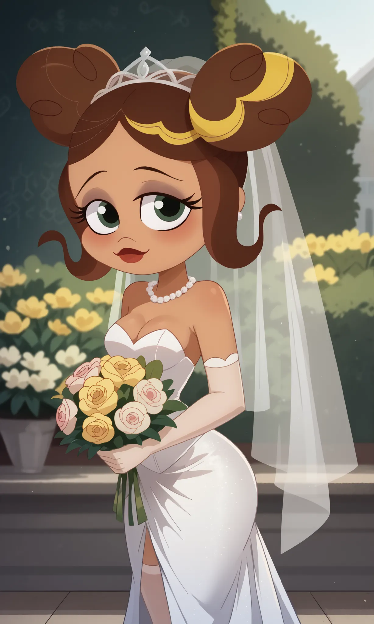 original_style, mix original style and chibi, Detailed, masterpiece, style_2d_original, smile, 1loli, from side, 1 girl, breasts, jewelry, solo, earrings, wedding dress, bouquet of flowers, makeup, cleavage, small breasts, dress, strapless, strapless dress...