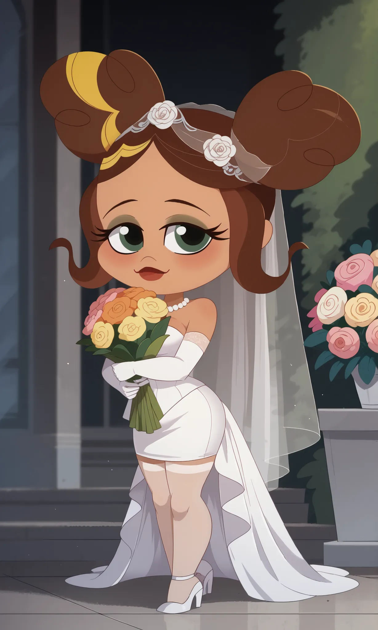 big head, , chibi style, chibi , chibi,cute chibi,, smile, 1loli, from side, 1 girl, breasts, jewelry, solo, earrings, wedding dress, bouquet of flowers, makeup, cleavage, small breasts, dress, strapless, strapless dress, blush, blushing, covering mouth wi...