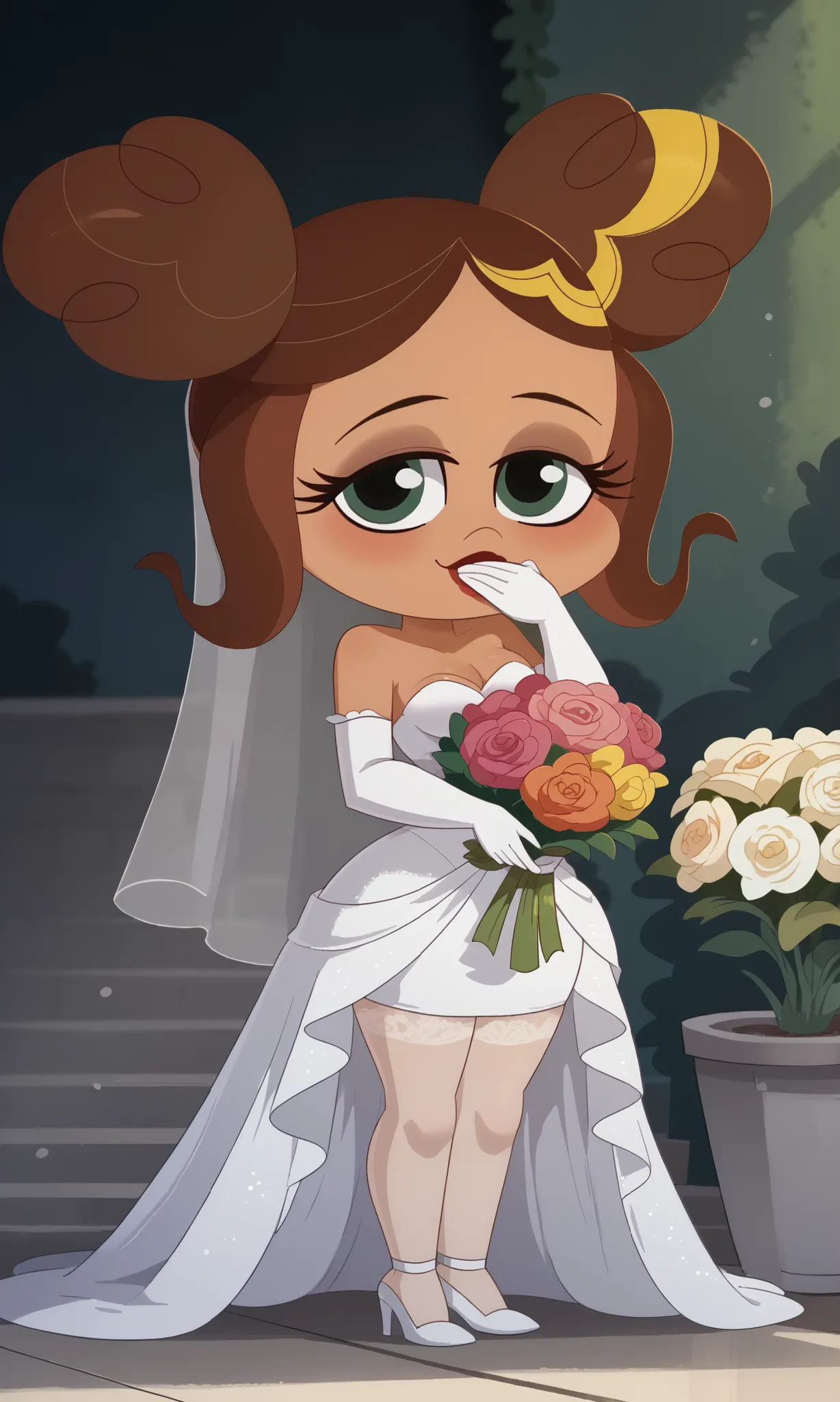big head, , chibi style, chibi , chibi,cute chibi,, smile, 1loli, from side, 1 girl, breasts, jewelry, solo, earrings, wedding dress, bouquet of flowers, makeup, cleavage, small breasts, dress, strapless, strapless dress, blush, blushing, covering mouth wi...