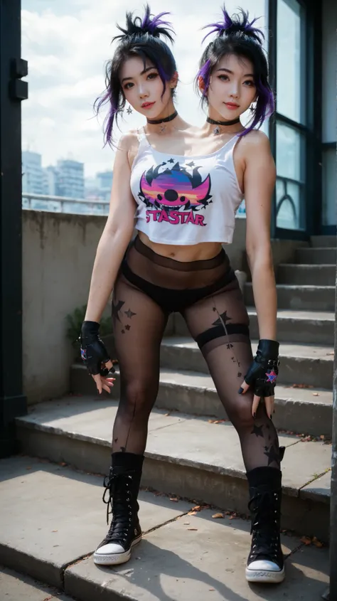 best resolution,full body, anime woman with two heads, blue eyes, different hair colors, purple hair, black hair, different hairstyles, different hair-lengths, short hair, long hair, spiky hair, straight hair, hair down, tanktop, one shoulder bare, blac...