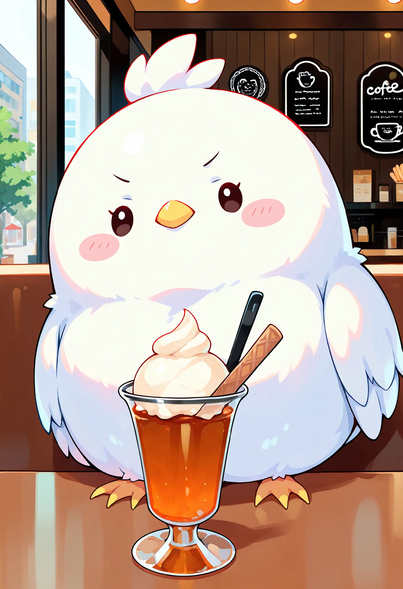 Masterpiece,Best quality, ultra detailed,Japanese Anime style, (pure white sparrow mascot) , round body, fluffy body,simple face, cute appearance, Inside a coffee shop, on a cafe table, ice cream, tea,