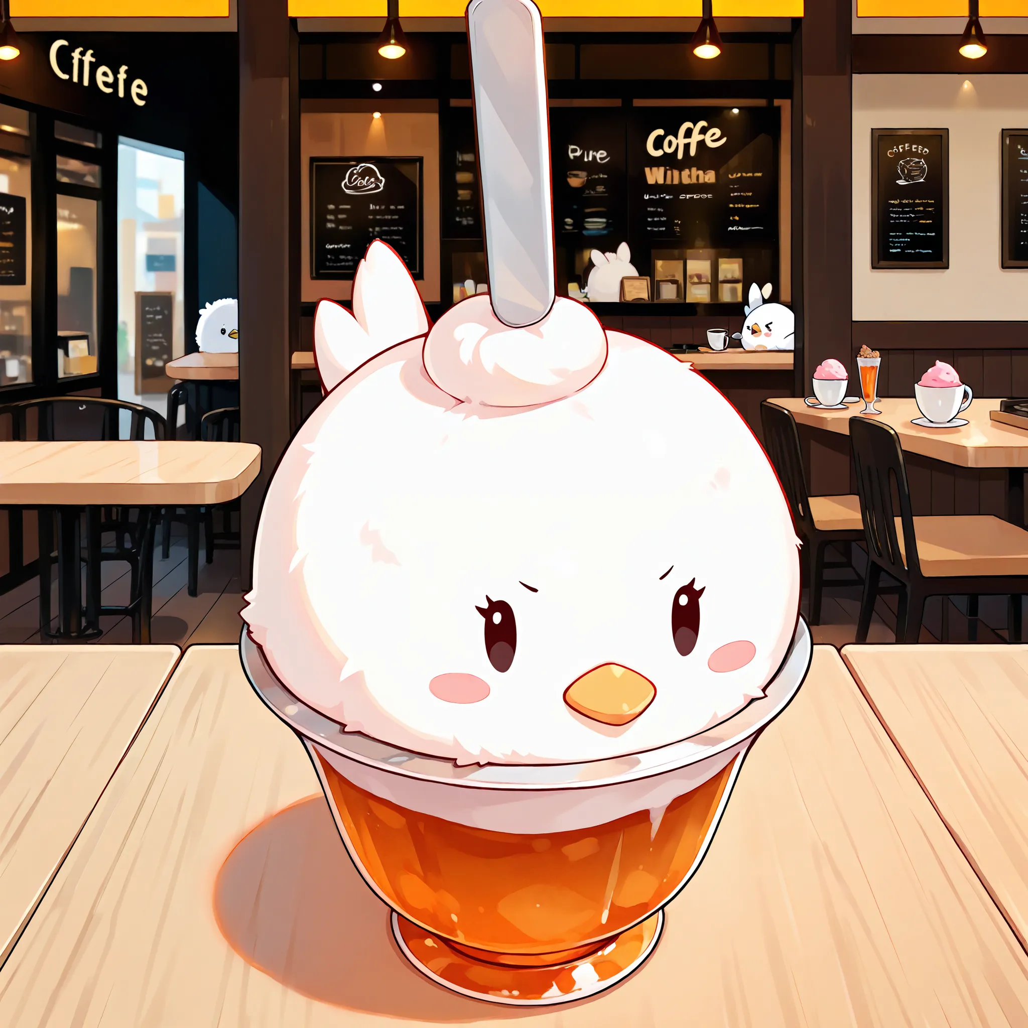 Masterpiece,Best quality, ultra detailed,Japanese Anime style, (pure white sparrow mascot) , round body, fluffy body,simple face, cute appearance, Inside a coffee shop, on a cafe table, ice cream, tea,
