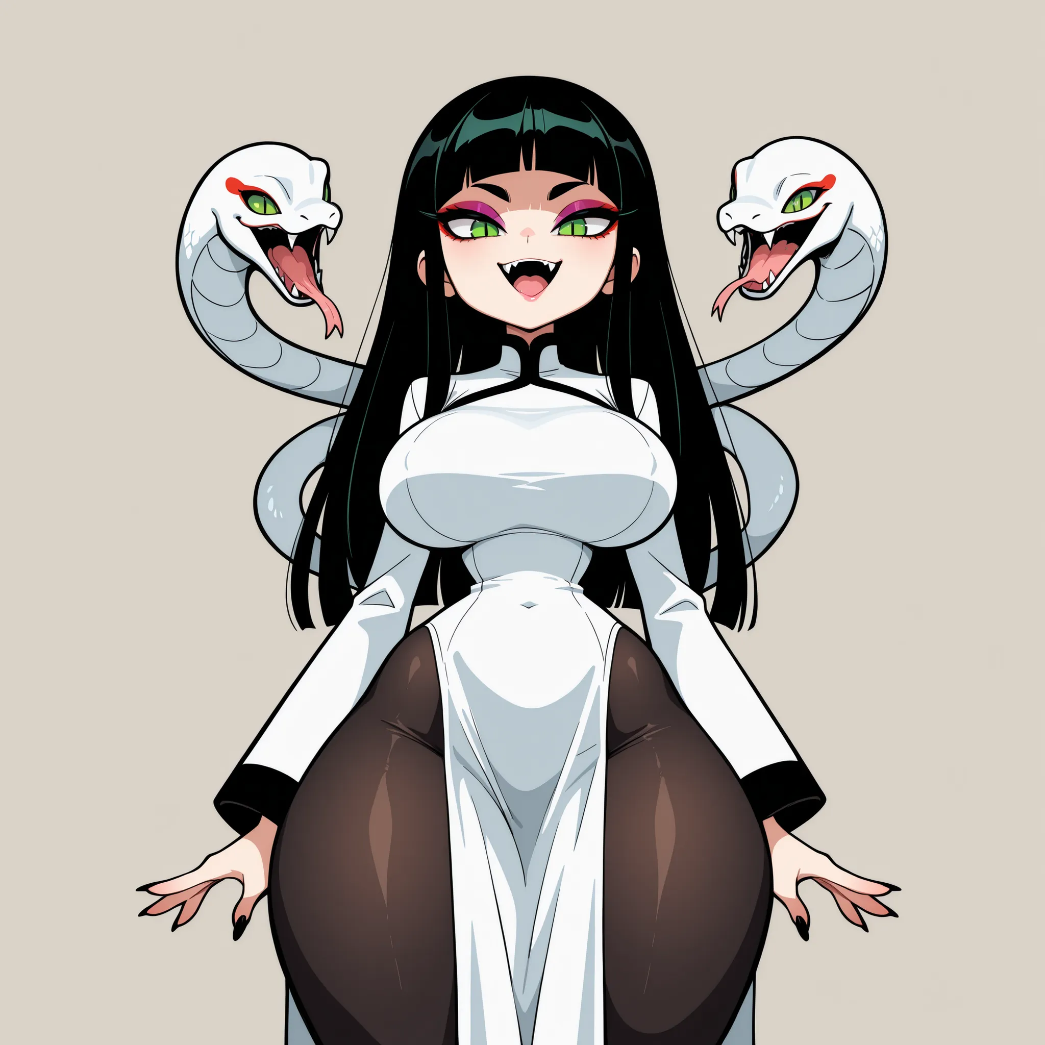 masterpiece, best quality, amazing quality, very aesthetic, absurdres, high res, shiny skin, diives, 1girl, solo, long black hair, blunt bangs, green eyes, slit pupils, makeup, eyeshadow, sharp fangs, full lips, big breasts, narrow waist, wide hips, thick ...