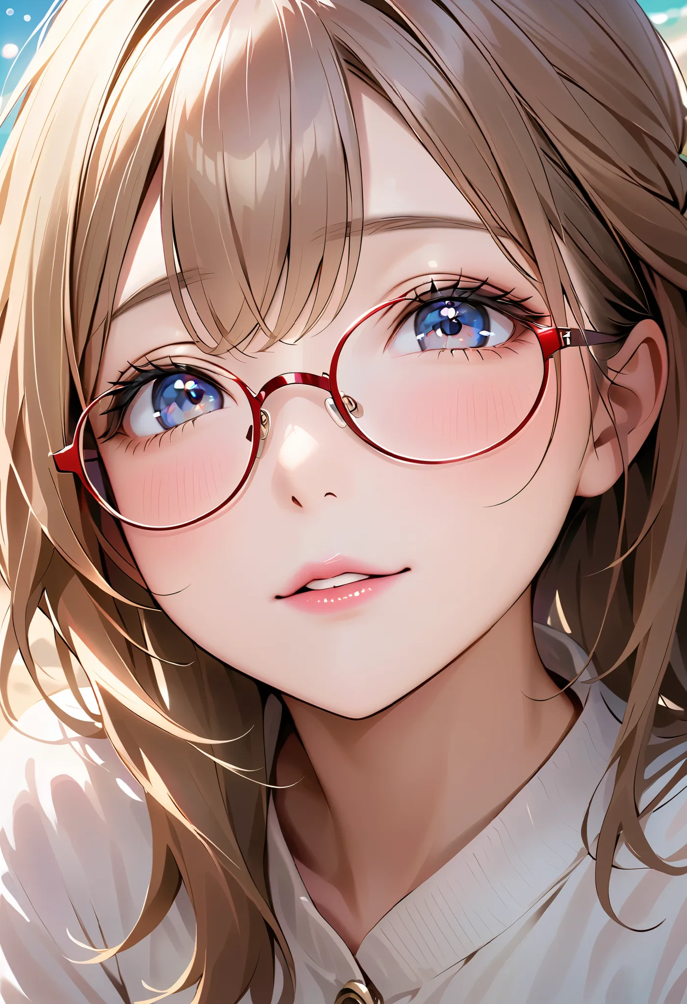 (gentle droopy eyes), (red round glasses), A beautiful girl's face approaches the viewer. The girl is waiting for a kiss. An attractive face. Mouth is about to kiss. Eyes are open and expectant. Shy, delighted and blushing. Delicate eyelashes. Thin eyebrow...
