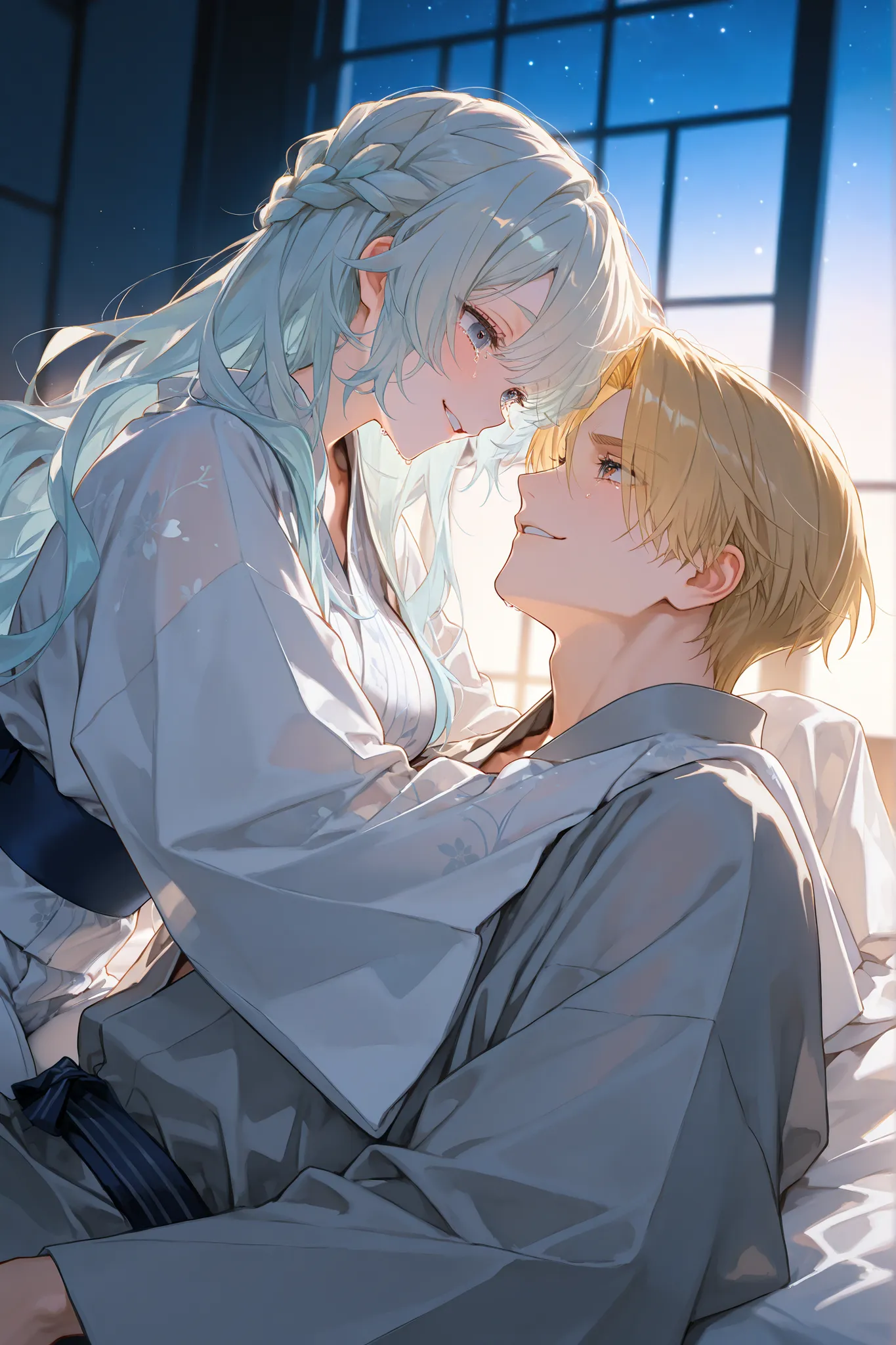 close up, Sitting on the bed, 2 people, couple, (Looking at each other, foreheads touching, Hug), close intimacy, tears, profile, (1 girl : cute girl, Beauty, cute a round face, ((light blue hair)), long hair, wavy hair, ((See-through bangs)), ((gray eye...