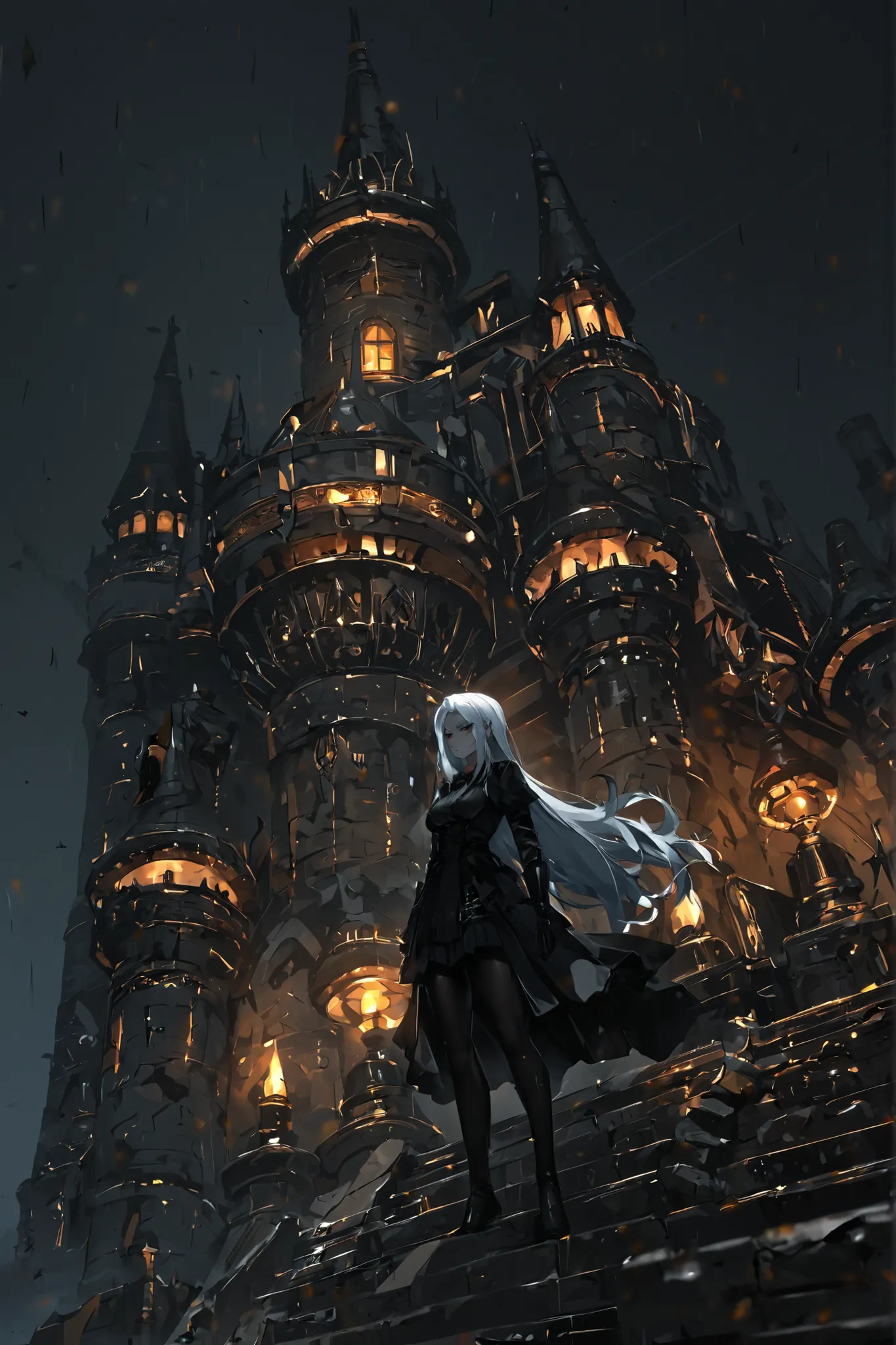 (masterpiece), (best quality), (ultra-detailed), Zani wuwa in dark black sad gold forts lighing strick moon and castle