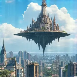 A fantasy castle floats over a futuristic cityscape, masterpiece, 8k, high-res, vibrant colors