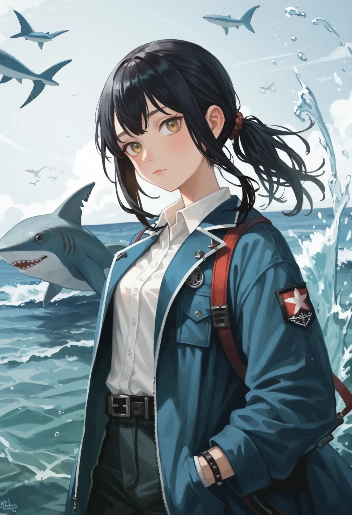 Cartoon picture of a girl in a blue coat and a shark, Kantai collection style, 2 d anime style, Blue Shark, trending on pixiv, Splash art anime , Pixiv style, trending on artstation pixiv, From Arknights, Best Rated on pixiv, Style anime, High Quality Anim...