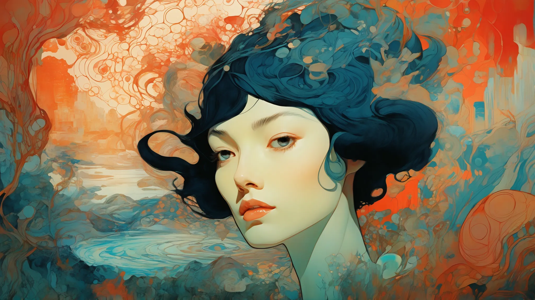 a close up of a painting of a woman with a watch on her head, James Jean e Victo Ngai, victo ngai and tristan eaton, Botticelli and Victo Ngai, inspired , greg tocchini, james jean e wlop, Alphonse Mucha e Craig Mullins, James Jean e Peter Mohrbacher, A ca...