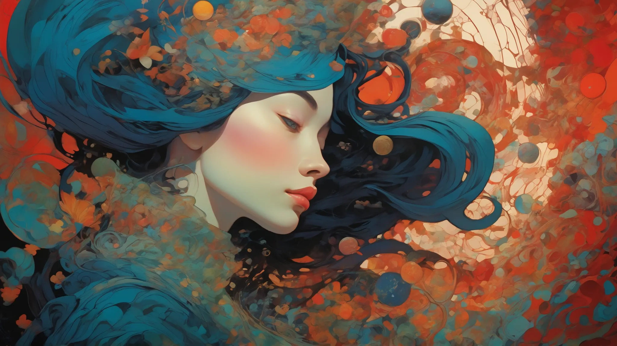 a close up of a painting of a woman with a watch on her head, James Jean e Victo Ngai, victo ngai and tristan eaton, Botticelli and Victo Ngai, inspired , greg tocchini, james jean e wlop, Alphonse Mucha e Craig Mullins, James Jean e Peter Mohrbacher, A ca...