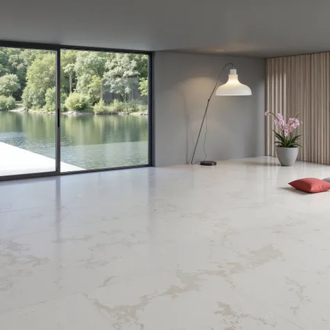 A modern room, marble floor, a modern floor-lamp on the left side of the room, an apartment orchid in a gray vase, a few red pillows on the floor.