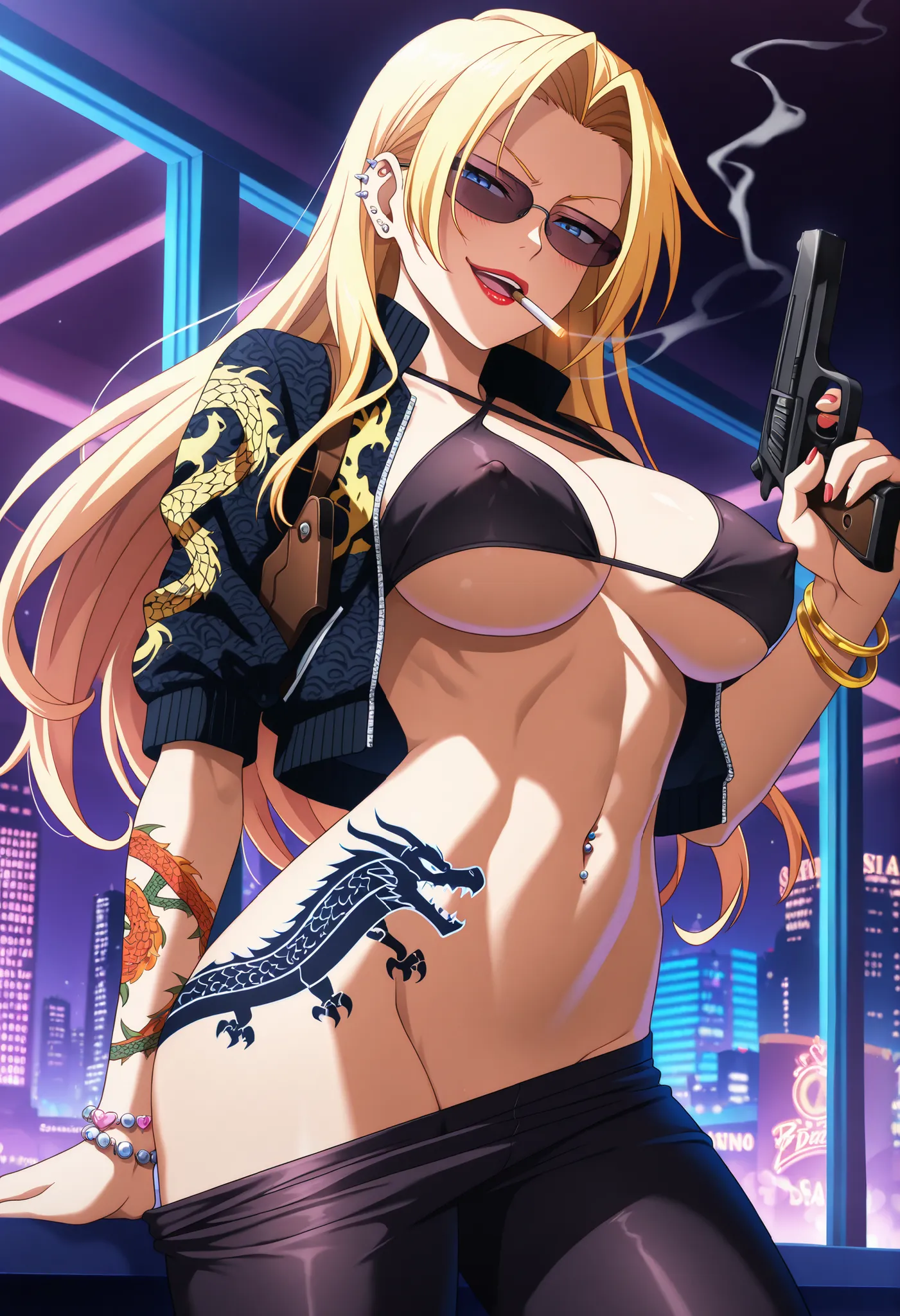 masterpiece,best quality,absurdres,newest,eda,1girl,solo,sunglasses, blue eyes, blonde hair,long hair,covered nipples, medium large breasts,midriff,navel,bracelet,tattoo,jewelry,,ear piercing, long hair, blush, lipstick,Hot girl, baddie, smoking, bad attit...