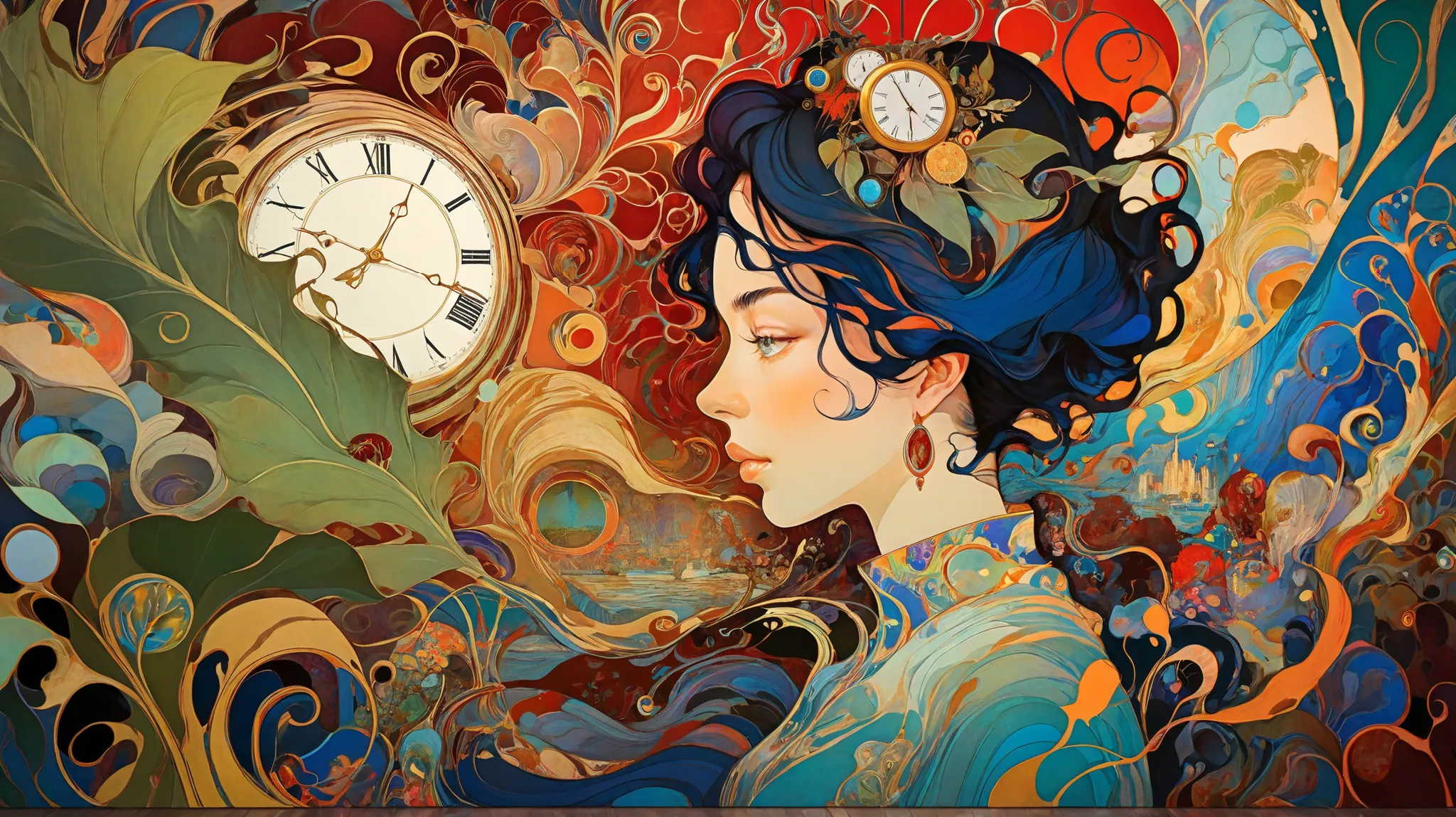 a close up of a painting of a woman with a watch on her head, James Jean e Victo Ngai, victo ngai and tristan eaton, Botticelli and Victo Ngai, inspired , greg tocchini, james jean e wlop, Alphonse Mucha e Craig Mullins, James Jean e Peter Mohrbacher, A ca...