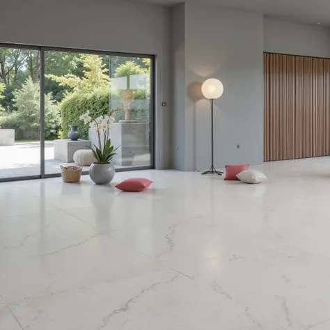 A modern room, marble floor, a modern floor-lamp on the left side of the room, an apartment orchid in a gray vase, a few red pillows on the floor.