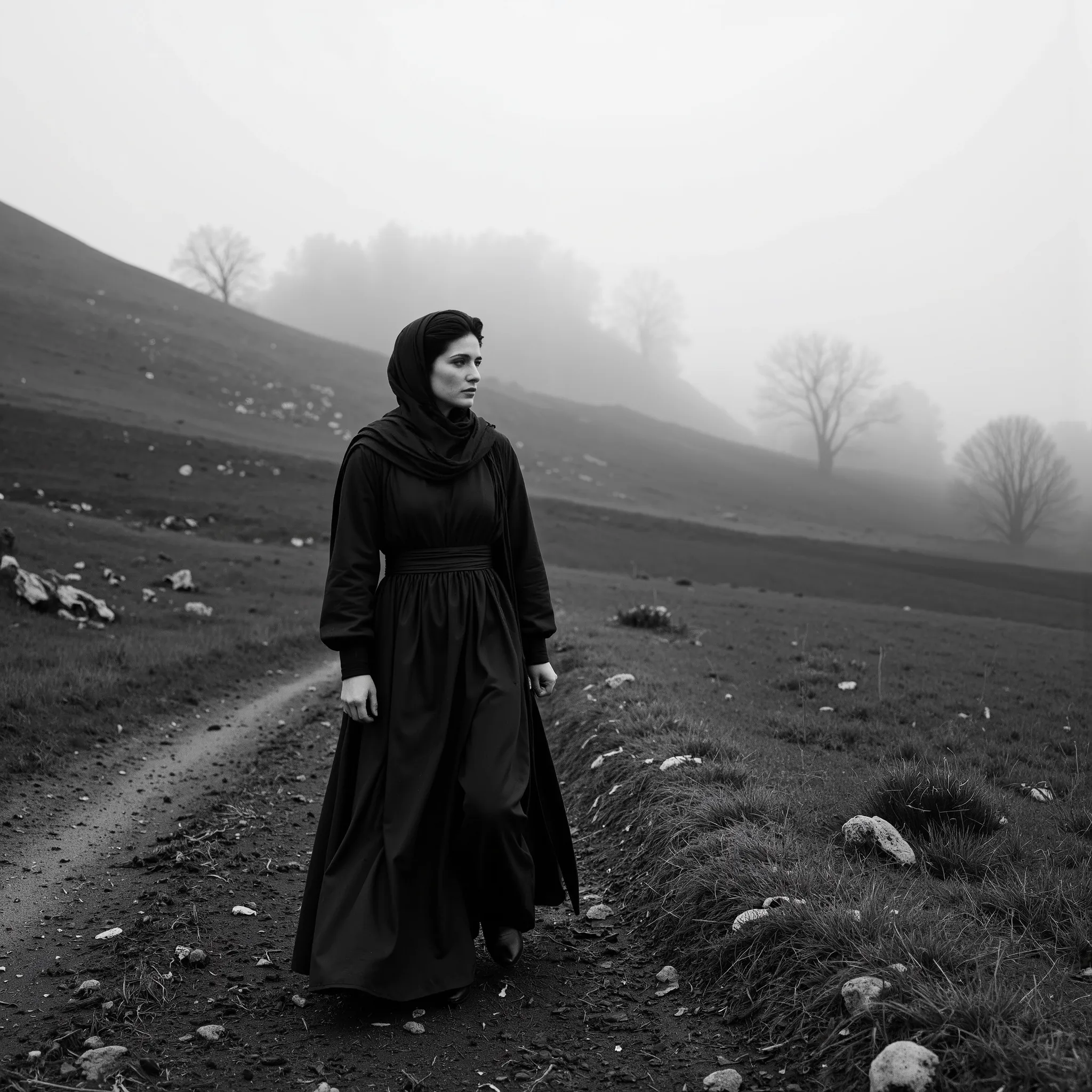 “A solitary woman walking barefoot on a sloped dirt path in a vast, misty countryside landscape, wearing a long dark flowing garment with a scarf gently wrapped around her head, her expression introspective and calm as she gazes to the side. The hills behi...