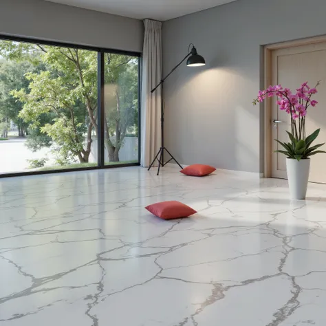 A modern room, marble floor, a modern floor-lamp on the left side of the room, an apartment orchid in a gray vase, a few red pillows on the floor.