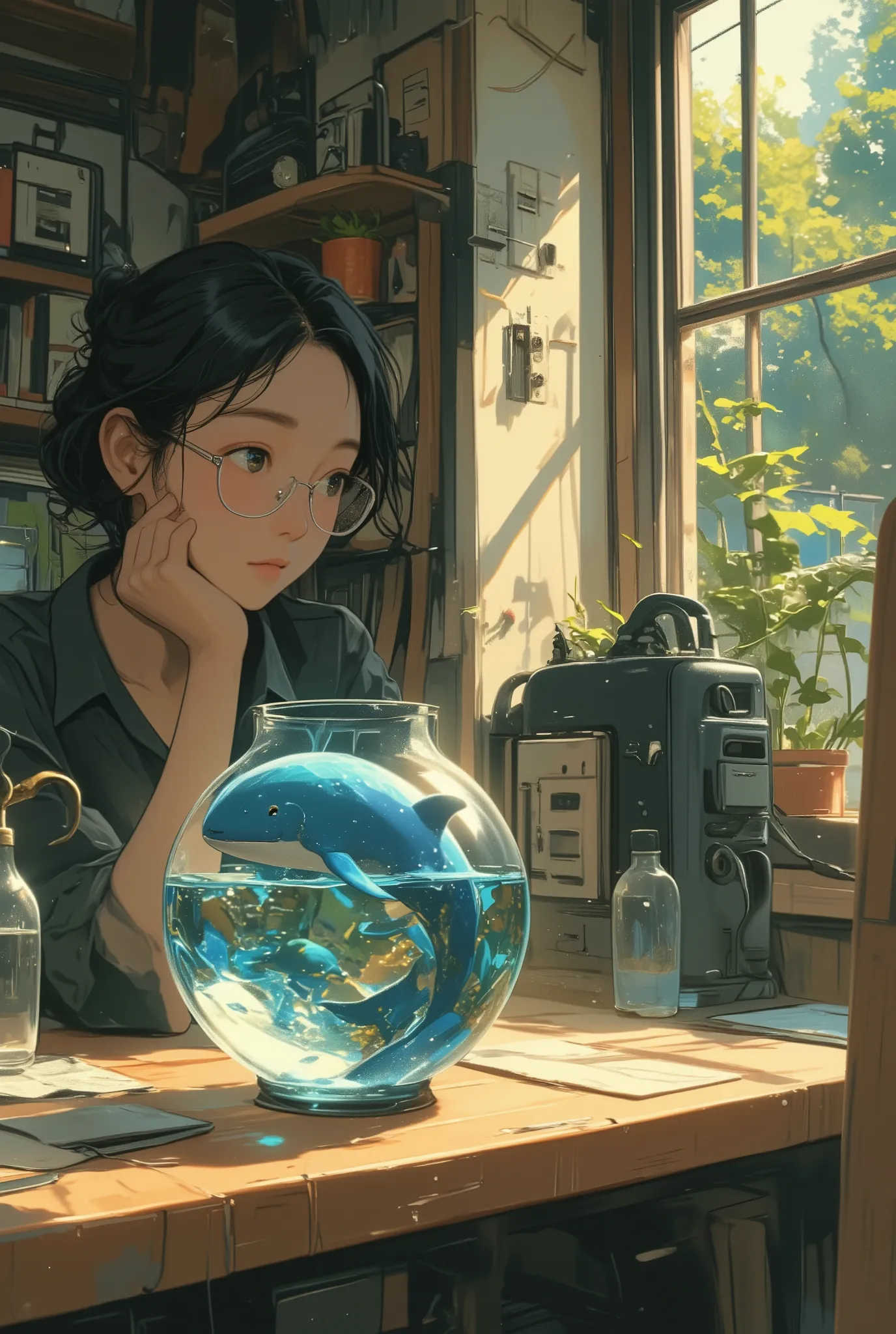 photo-realistic cinematic scene, a woman with glasses quietly observing a small blue whale swimming inside a round glass fishbowl on a wooden table, soft natural light coming through a nearby window, her expression is calm but curious, the whale moves slow...