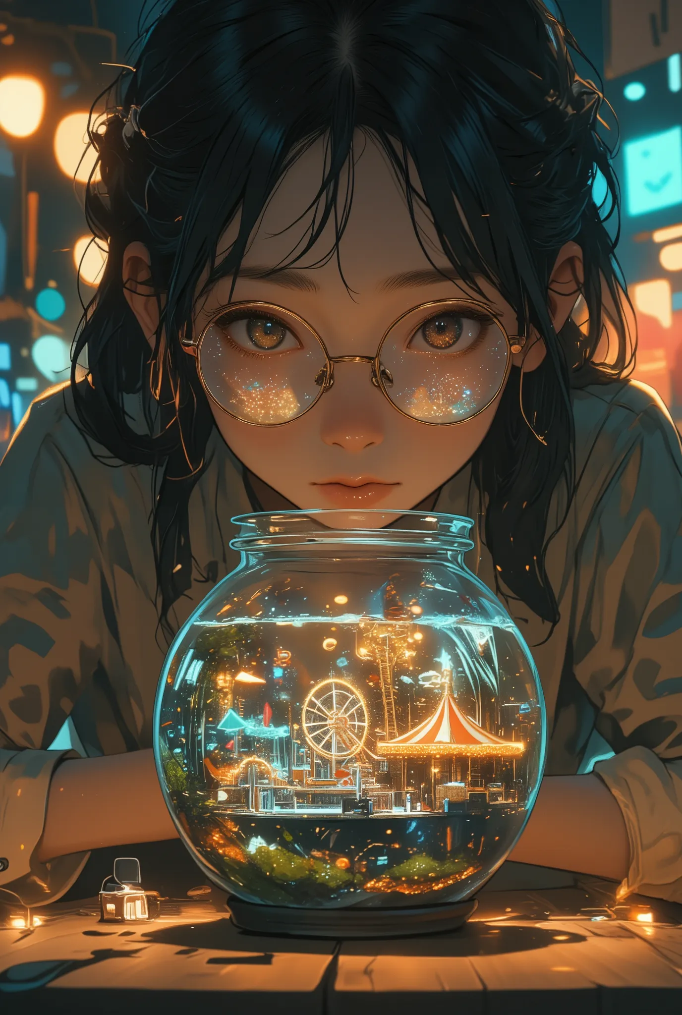 photo-realistic cinematic scene, a woman with glasses calmly observing a round glass fishbowl on a wooden table, inside the bowl is a miniature amusement park with a rotating ferris wheel and merry-go-round, tiny lights glow faintly, the rides move slowly ...