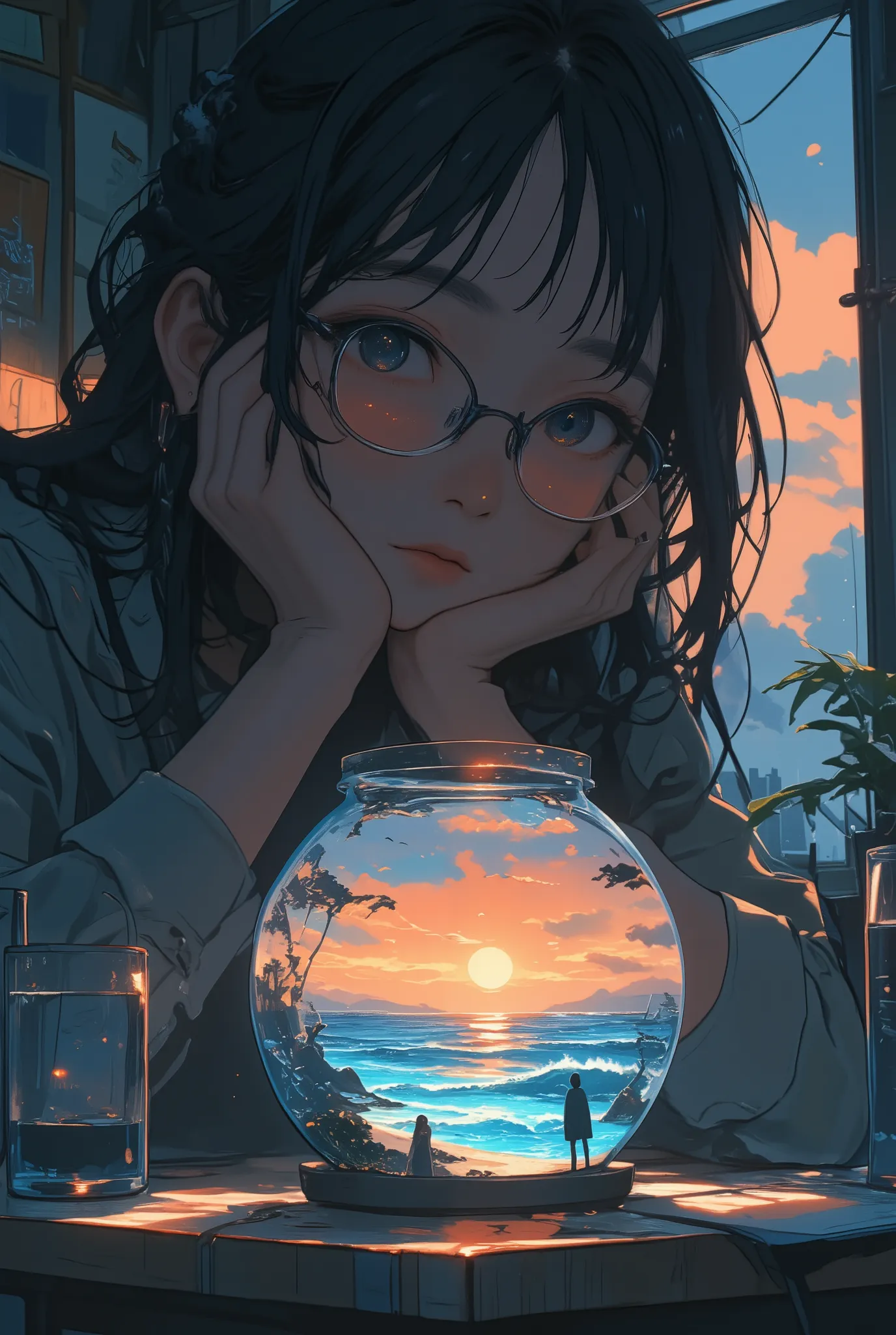 photo-realistic cinematic scene, a woman with glasses quietly gazing at a round glass fishbowl on a wooden table, inside is a tiny beach at sunset with soft waves and a single human figure standing alone, orange and pink light fills the bowl, miniature oce...