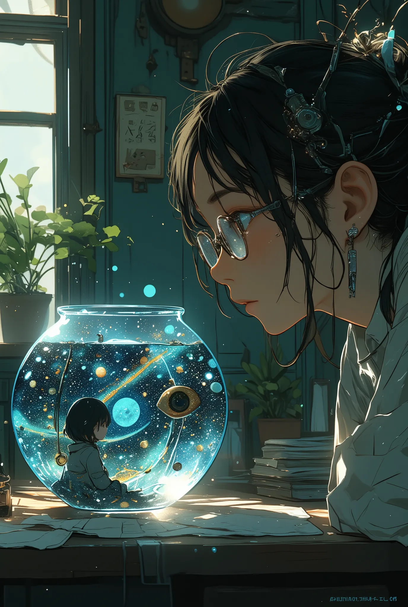 photo-realistic cinematic scene, a woman with glasses quietly staring into a round glass fishbowl on a wooden table, inside the bowl is a miniature galaxy with stars and a floating eyeball, and within that galaxy is another tiny fishbowl containing a small...