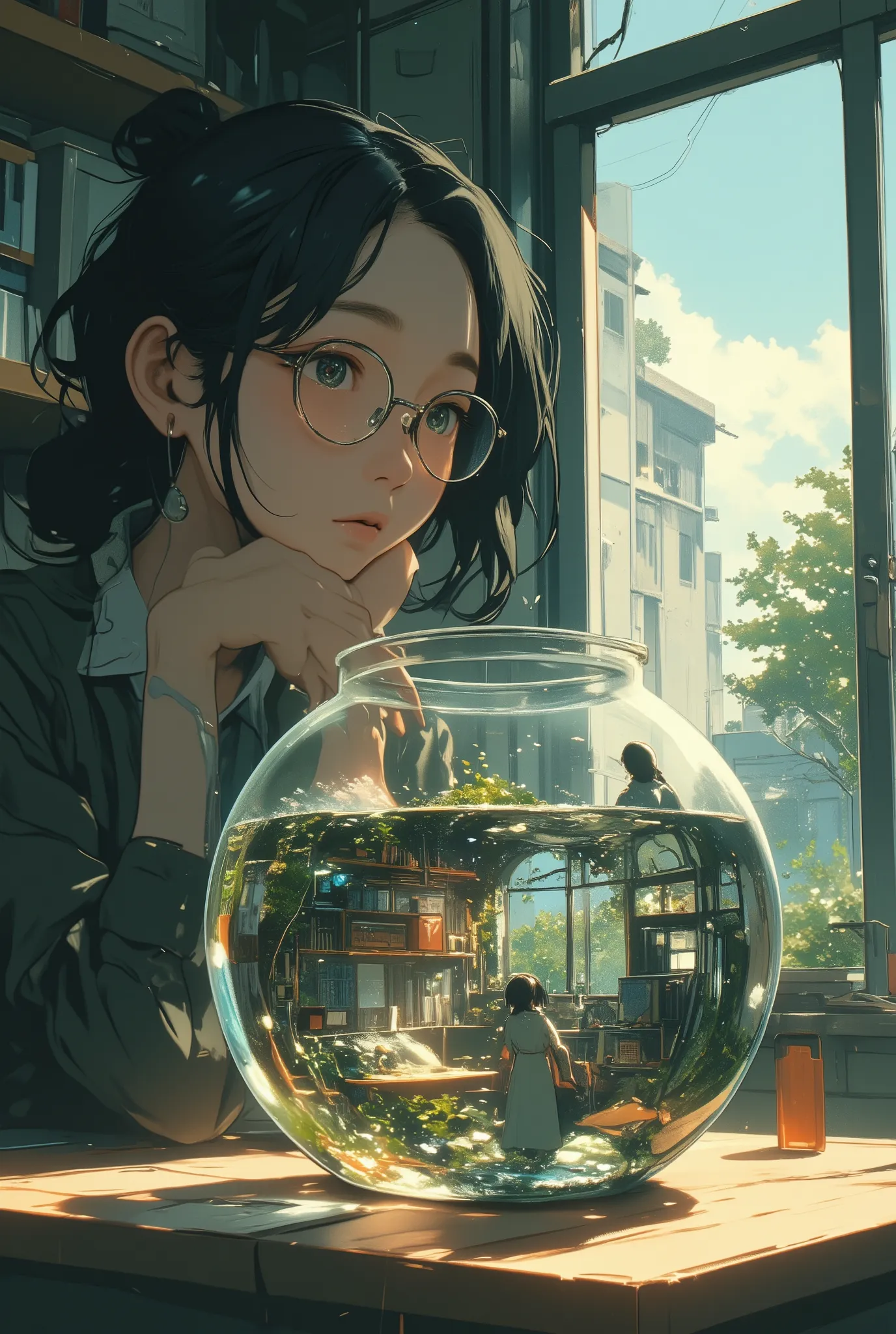 photo-realistic cinematic scene, a woman with glasses calmly staring into a round glass fishbowl on a wooden table, inside the bowl is a perfectly detailed miniature of her own bedroom, including shelves, a window, and a desk, and on that desk is another s...