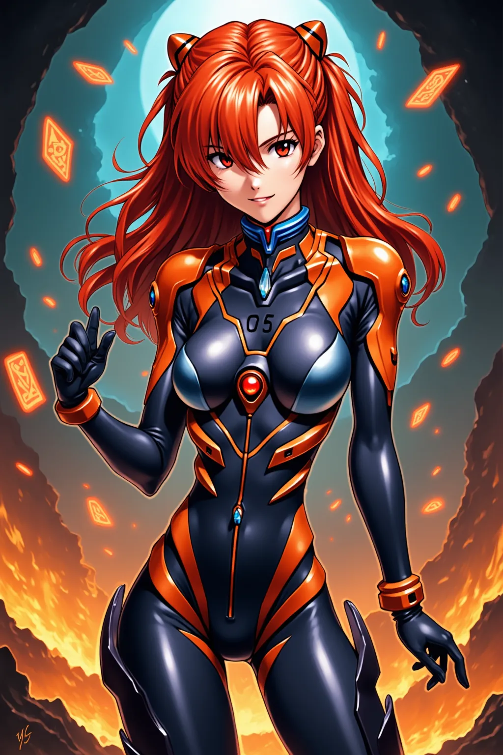 🌟:ultra-detailed anime artwork, dynamic lighting, realistic rendering of textures.
🌌:which is in a mix of futuristic and magical surroundings, shimmering energy effects in the background, tiefdunkle, atmospheric colors .
😈:a young woman with fiery red hair and a confident look, wears a tight-fitting battle suit, that combines futuristic and magical elements and accentuates her figure.
🔥:She stands in a powerful pose, one hand slightly raised, as if she were controlling magic or technology, ein intensiver, challenging expression lies on her face, radiates power and sensual strength.

💋:Ein ultra-detailed anime artwork einer rothaarigen Frau in einem figurbetonten Kampfanzug, which is set in a mix of futuristic and magical surroundings, a mixture of futuristic metal structures and floating magical runes.