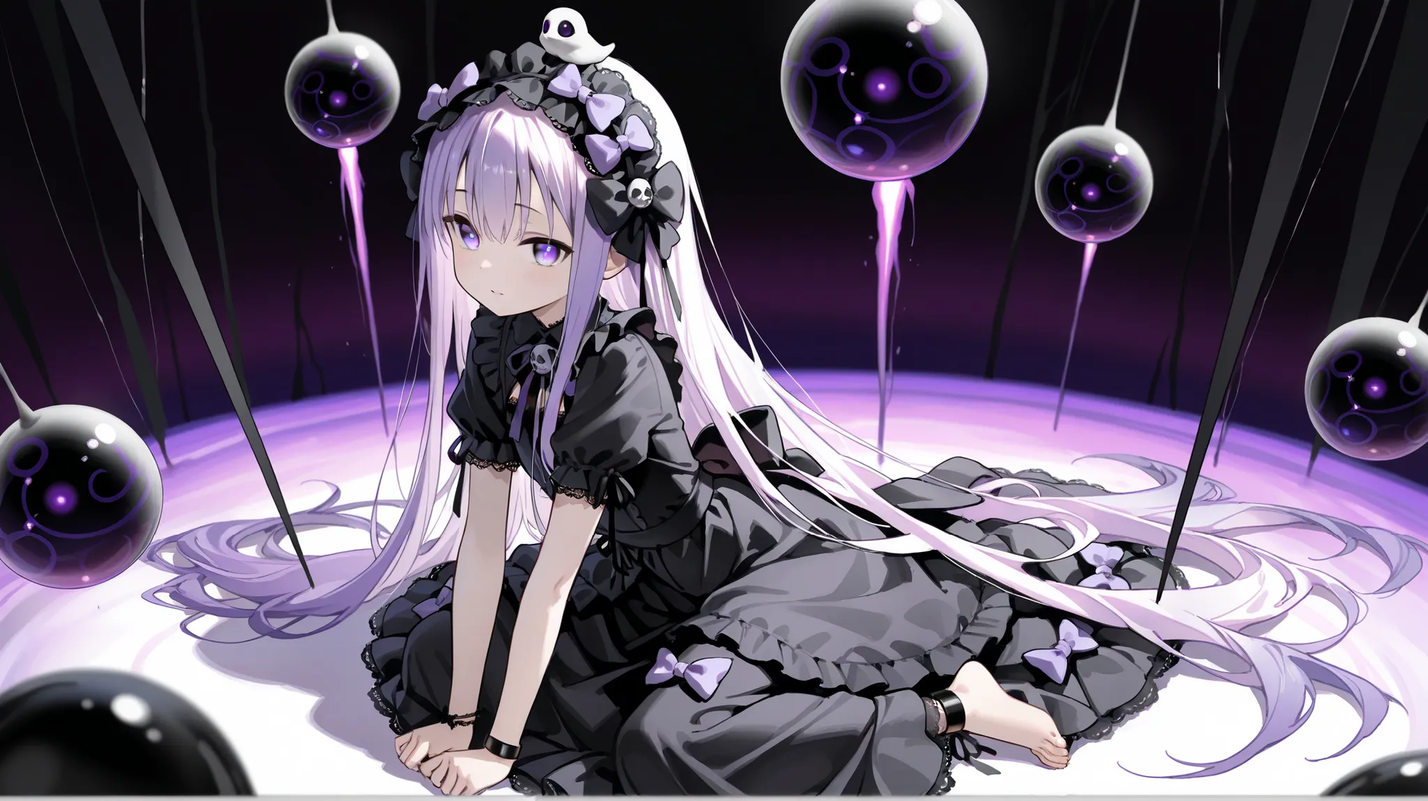 A young-looking anime girl with very long hair, straight and white . ((Her eyes are large and of a bright purple hue, which highlights her melancholic and innocent expression). (She wears a gothic maid dress in dark and white colors, with ruffles and deco...