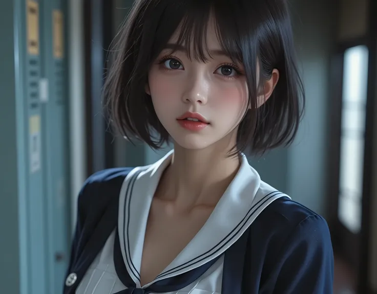 8k,Ultra High Definition , Highest Quality, masterpiece,rule of thirds,golden ratio,surreal,pictures, One woman,( girl:1.3),cute,cute顔, Beautiful Eyes in Every Detail , 細かくdetails,mature women who are rebellious to me,Full body,black hair,Short Messy hair,...