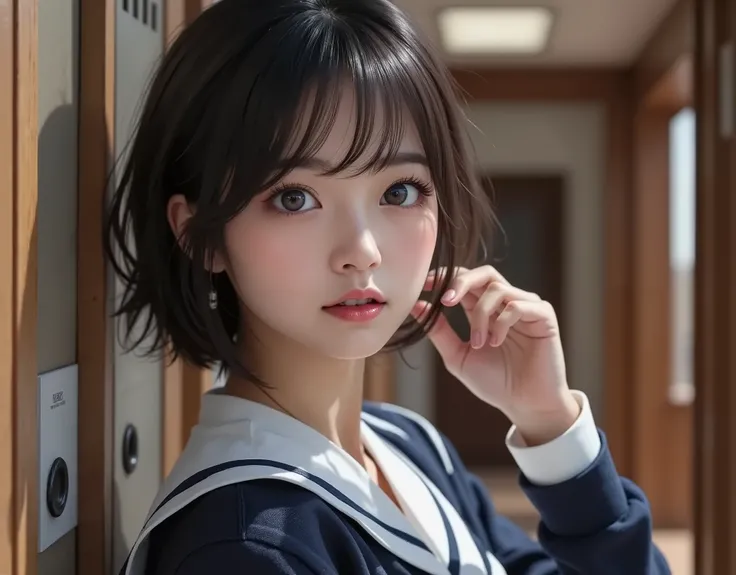 8k,Ultra High Definition , Highest Quality, masterpiece,rule of thirds,golden ratio,surreal,pictures, One woman,( girl:1.3),cute,cute顔, Beautiful Eyes in Every Detail , 細かくdetails,mature women who are rebellious to me,Full body,black hair,Short Messy hair,...