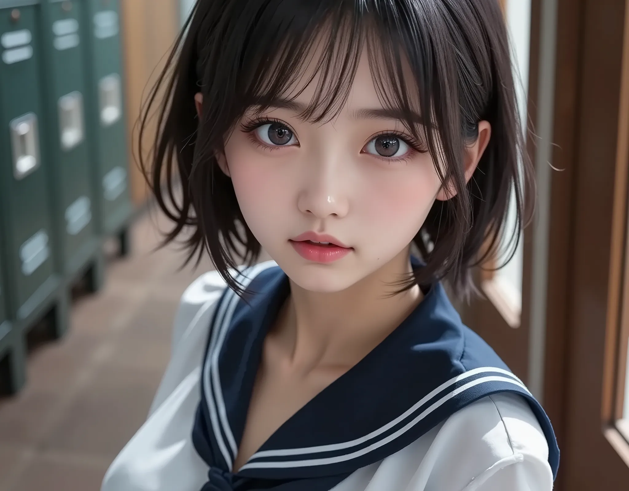 8k,Ultra High Definition , Highest Quality, masterpiece,rule of thirds,golden ratio,surreal,pictures, One woman,( girl:1.3),cute,cute顔, Beautiful Eyes in Every Detail , 細かくdetails,mature women who are rebellious to me,Full body,black hair,Short Messy hair,...