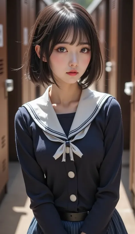 8k,Ultra High Definition , Highest Quality, masterpiece,rule of thirds,golden ratio,surreal,pictures, One woman,( girl:1.3),cute,cute顔, Beautiful Eyes in Every Detail , 細かくdetails,mature women who are rebellious to me,Full body,black hair,Short Messy hair,...