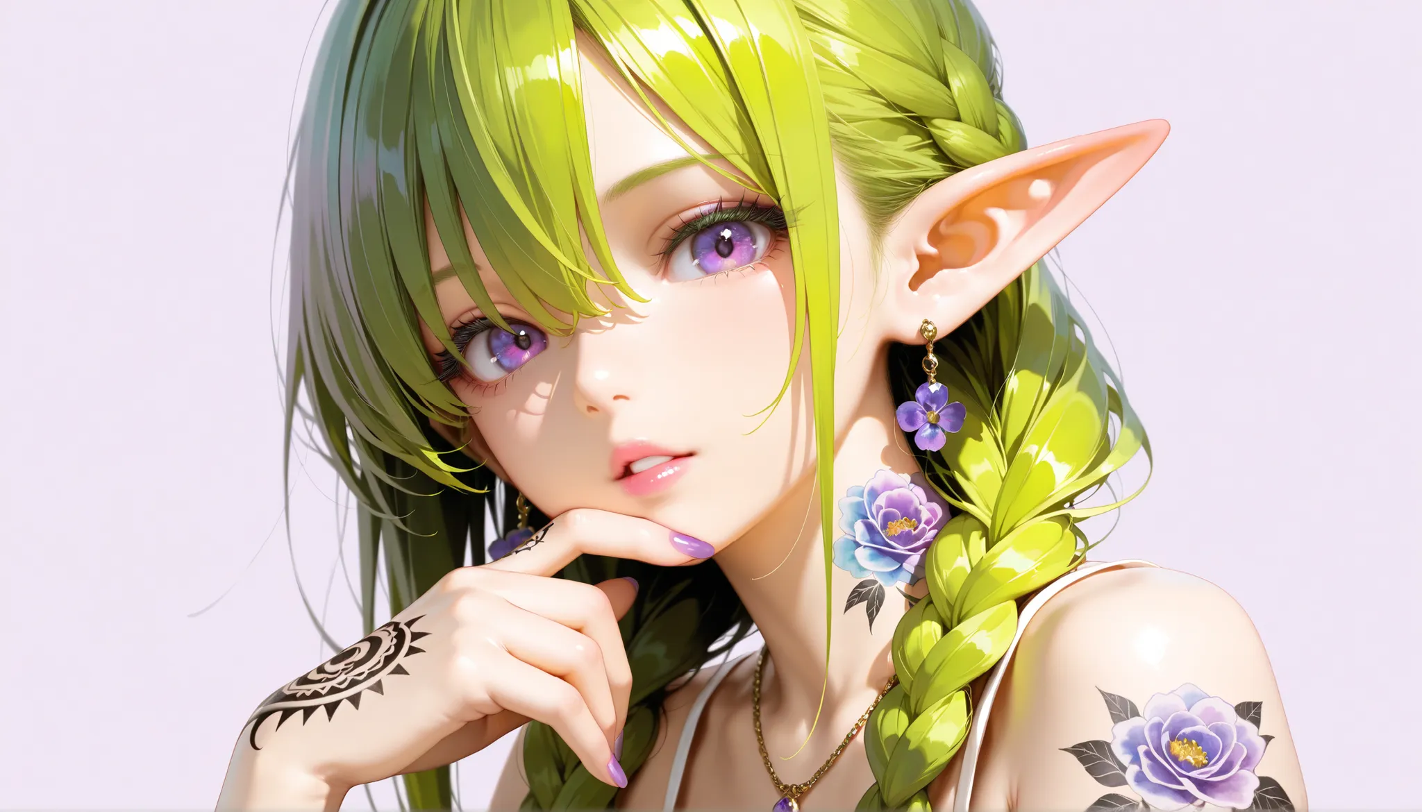 masterpiece,best quality,ultra high res,photorealistic,8K UHD,hyper-detailed,depth of field,solo,1girl,looking at viewer,bangs,green hair,long hair,braids,hair between eyes,elf ears,pastel purple background,simple background,purple eyes,thick eyelashes,sof...
