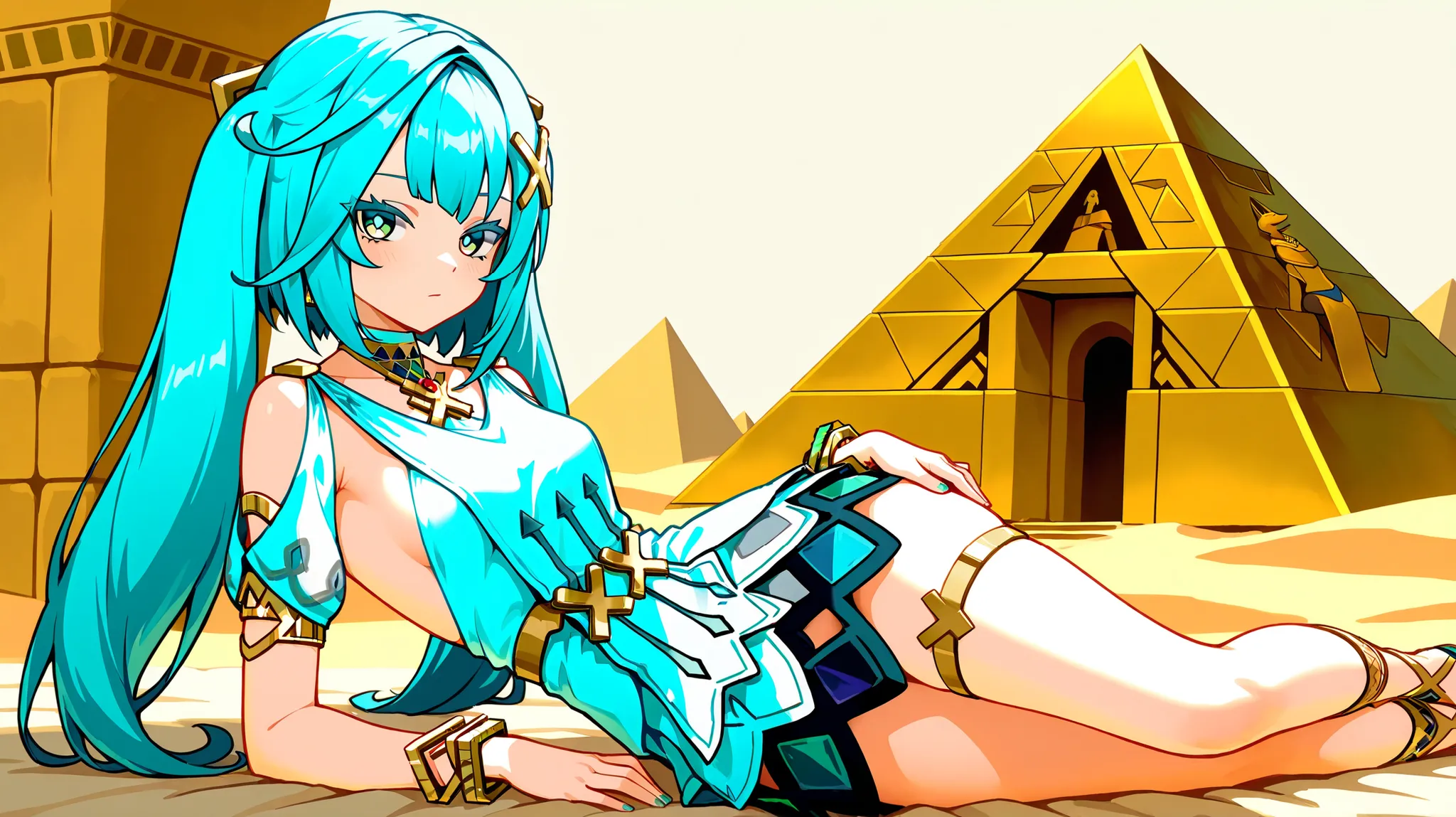 1 girl only, Faruzan, from the video game Genshin Impact, with his distinctive clothing, (She observes pyramids similar to those in the Egyptian desert)