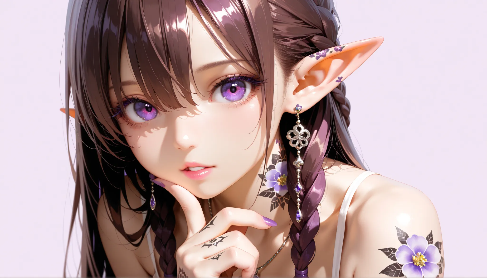 masterpiece,best quality,ultra high res,photorealistic,8K UHD,hyper-detailed,depth of field,solo,1girl,looking at viewer,bangs,Brown hair,long hair,braids,hair between eyes,elf ears,pastel purple background,simple background,purple eyes,thick eyelashes,sof...