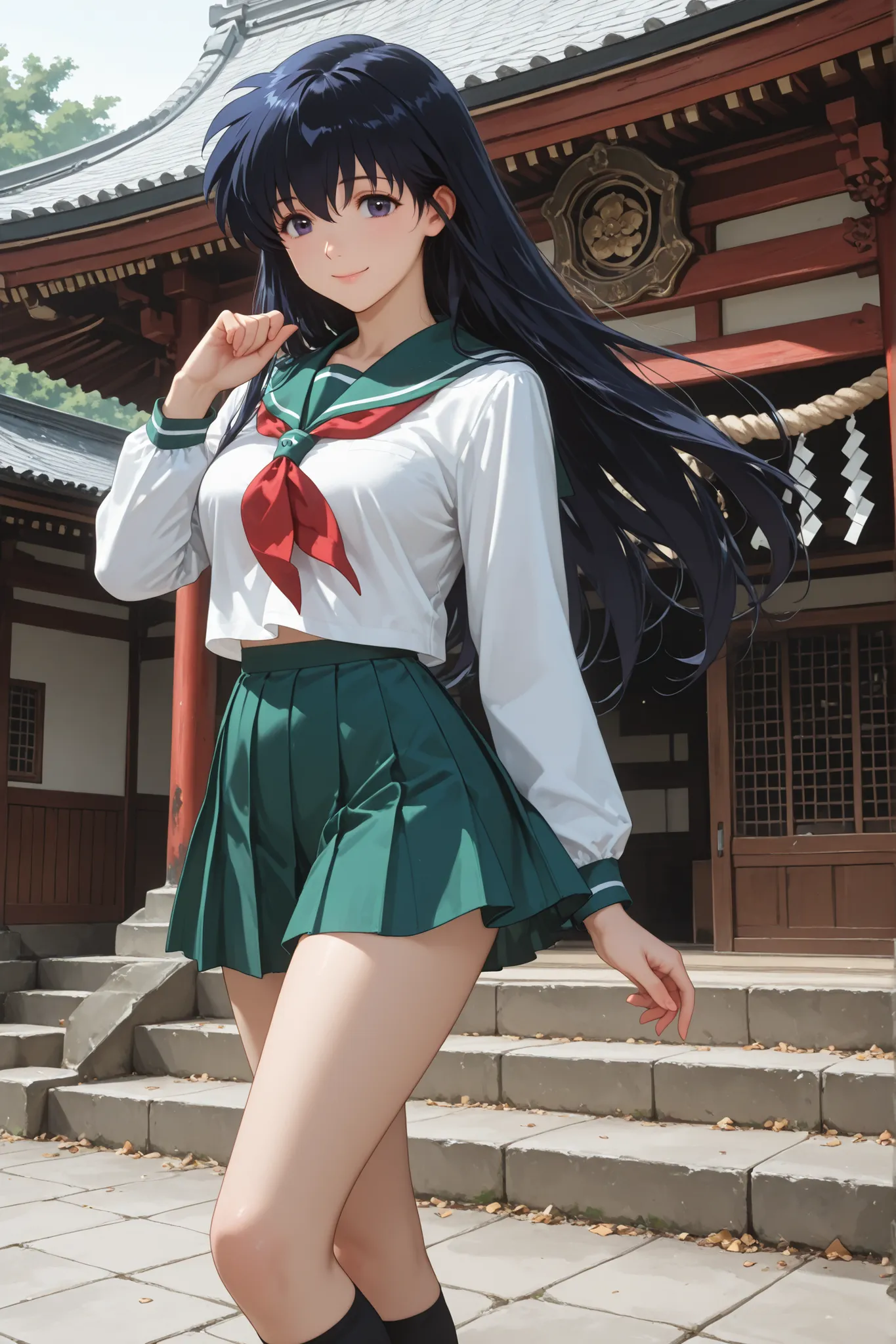 1girl, Kagome Higurashi, serafuku, floating hair, skirt, straight hair, socks, kneehighs, shirt, long hair, long sleeves, smile, miniskirt, hair between eyes, school uniform, pleated skirt, neckerchief, standing in Japanese temple, gentle smile, loving, at...